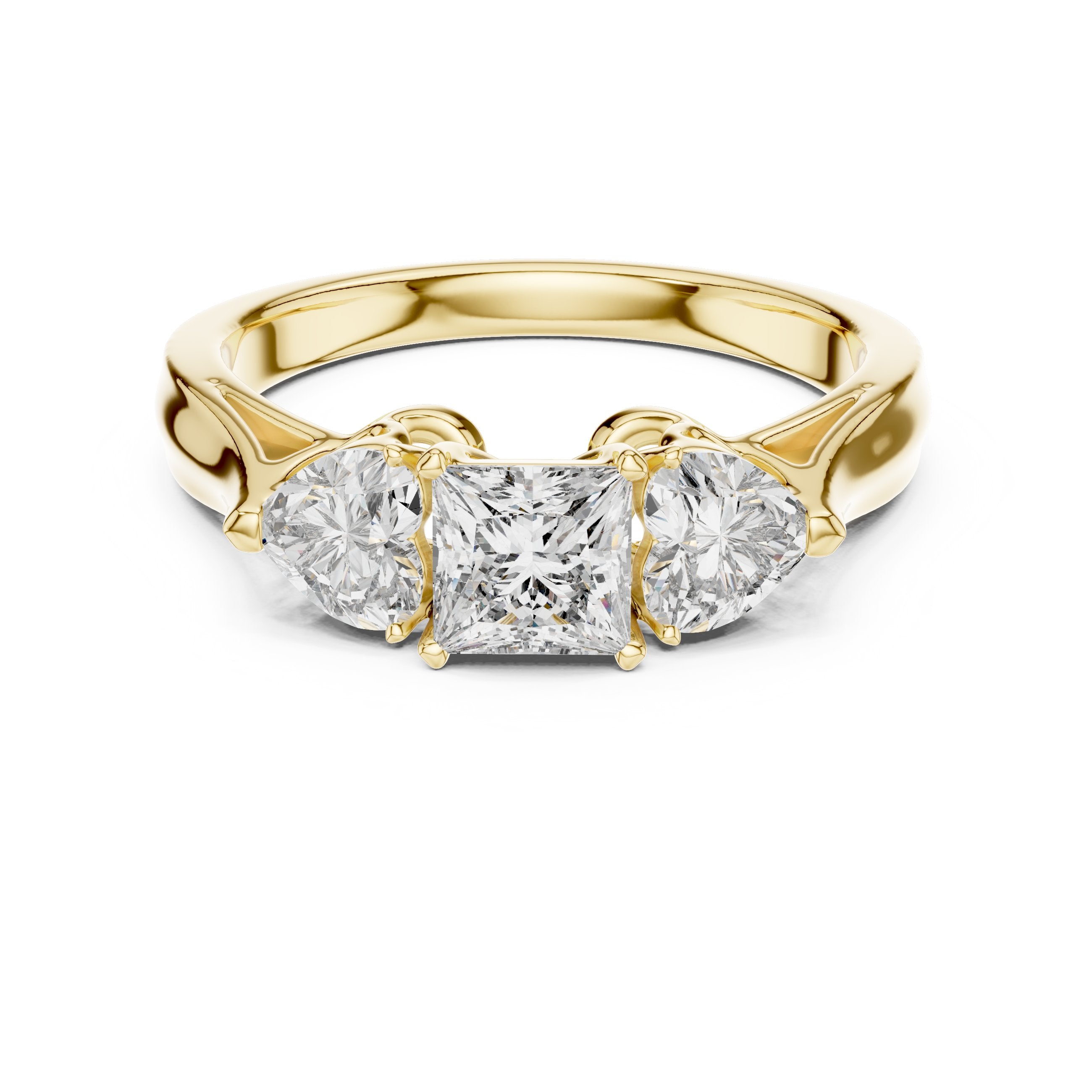 Princess Cut Three Stone Engagement Ring with Heart Sides in Yellow Gold - VYKA Diamonds