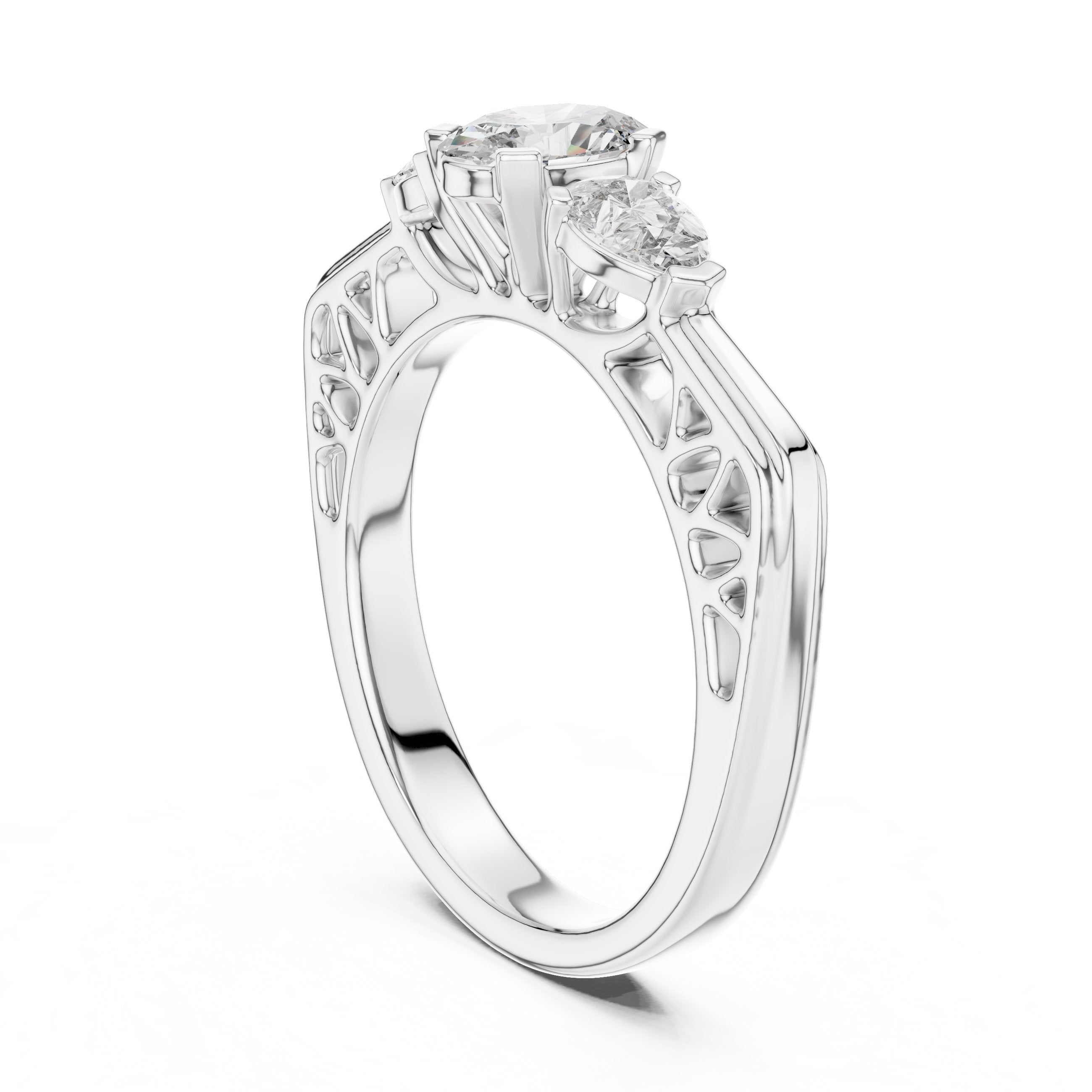 Oval Diamond Three Stone Engagement Ring with Pear Sides in White Gold - VYKA Diamonds