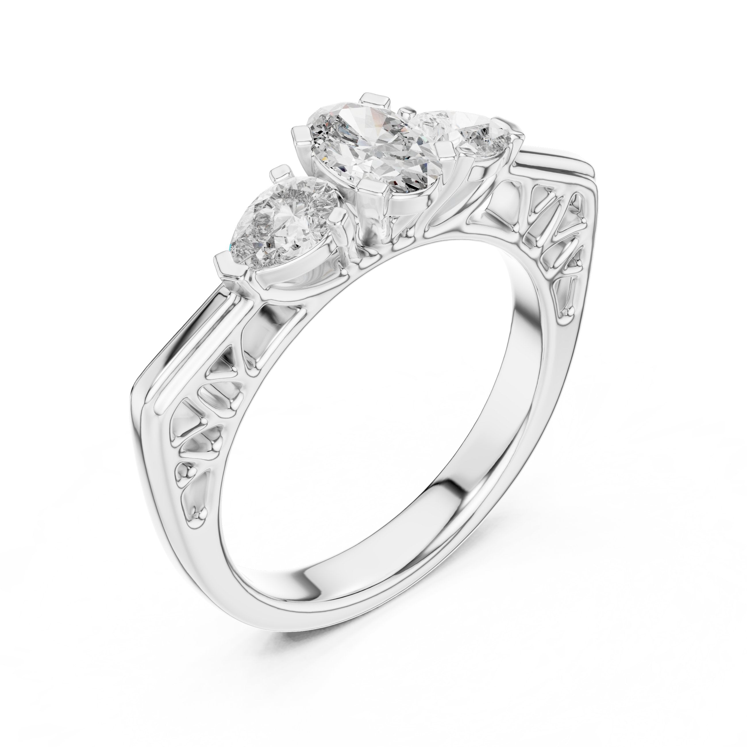Oval Diamond Three Stone Engagement Ring with Pear Sides in White Gold - VYKA Diamonds