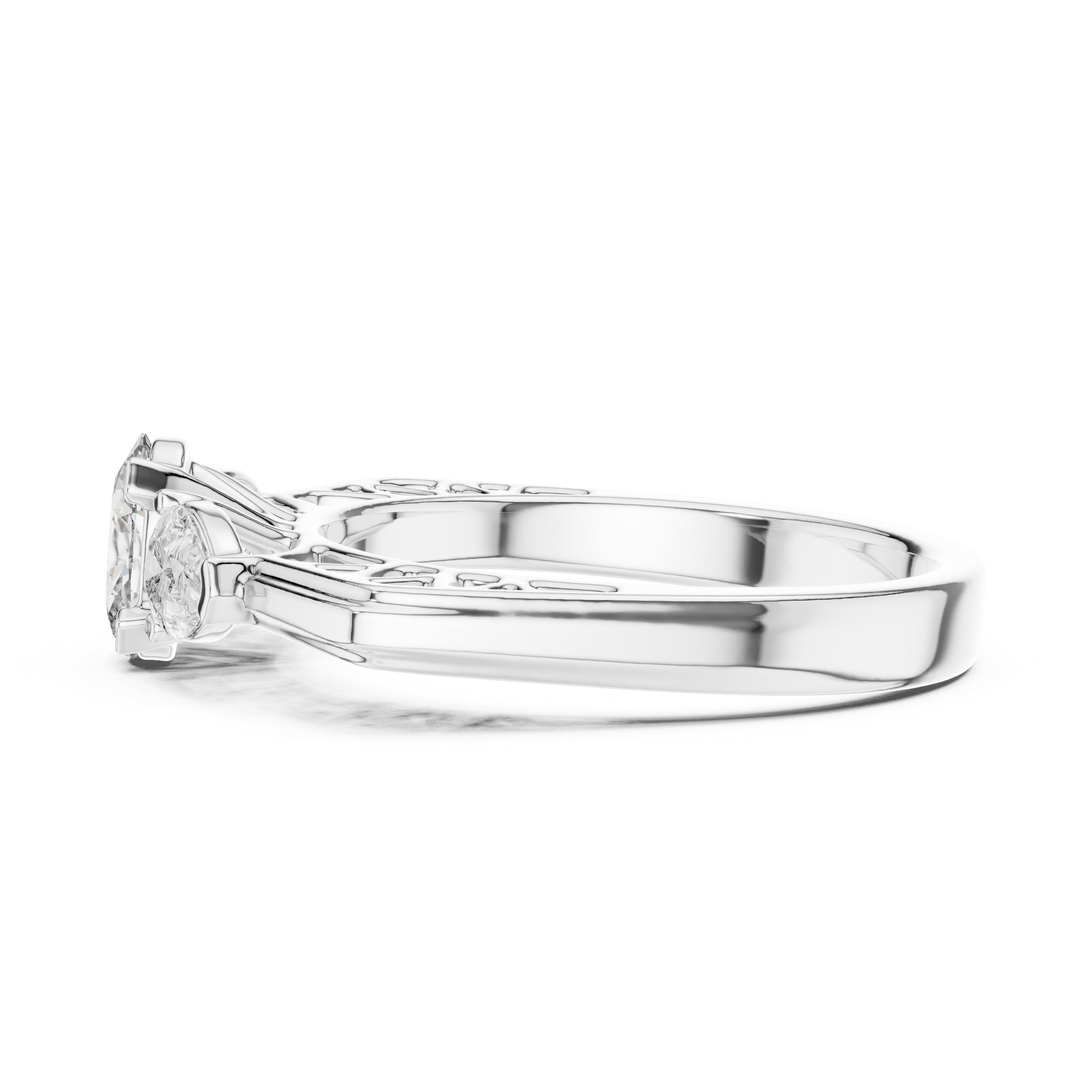Oval Diamond Three Stone Engagement Ring with Pear Sides in White Gold - VYKA Diamonds
