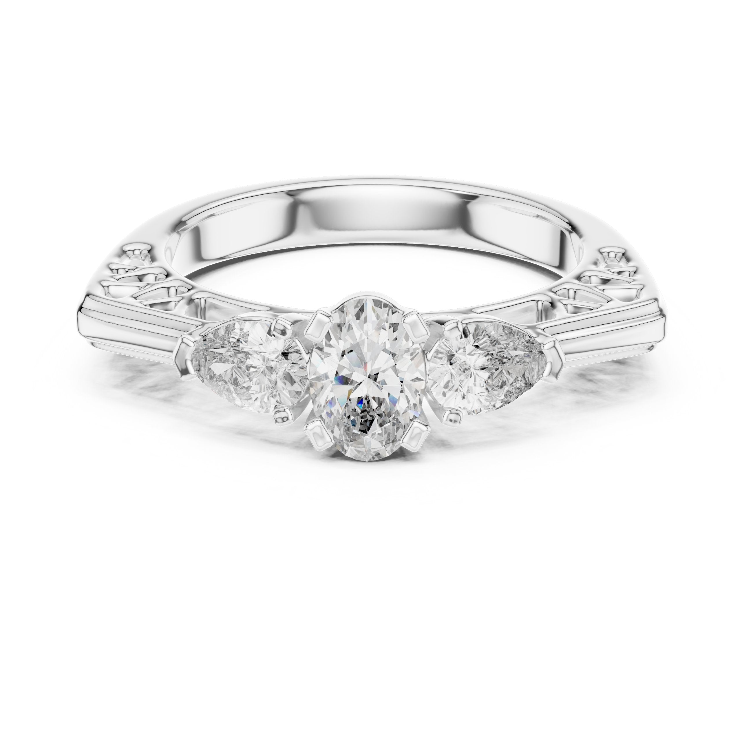 Oval Diamond Three Stone Engagement Ring with Pear Sides in White Gold - VYKA Diamonds