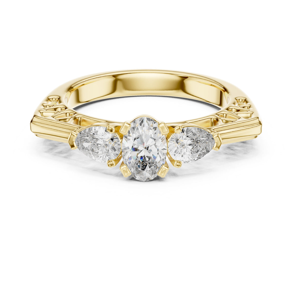Oval Diamond Three Stone Engagement Ring with Pear Sides