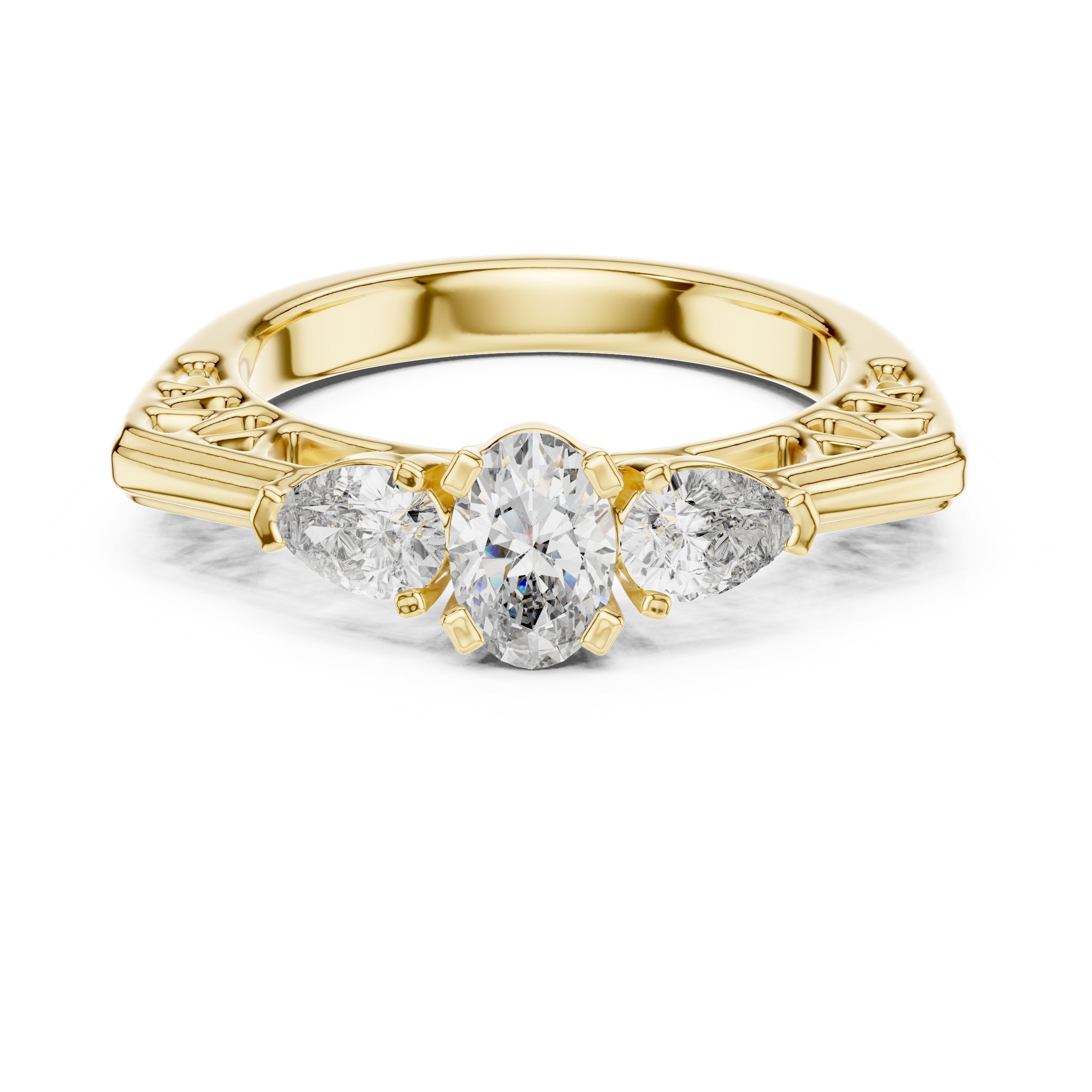 Oval Diamond Three Stone Engagement Ring with Pear Sides in Yellow Gold - VYKA Diamonds