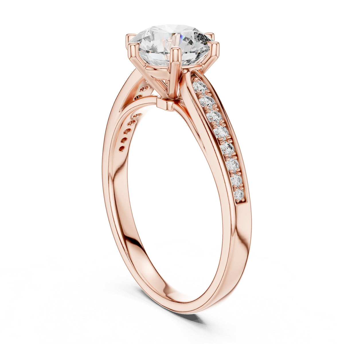 Round Diamond Six Prong Engagement Ring with Pavé Band
