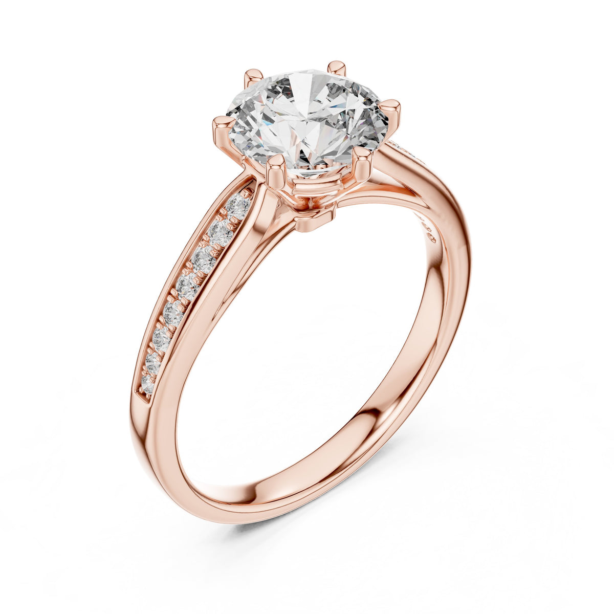 Round Diamond Six Prong Engagement Ring with Pavé Band