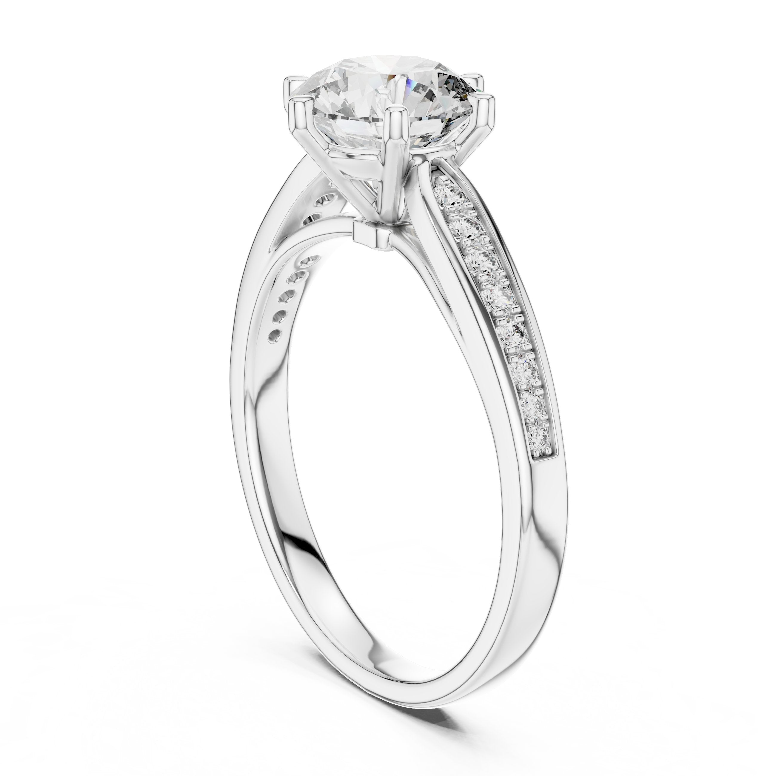 خاتم خطوبة بألماسة مستديرة سداسي الكباسات مع سوار بافيه in White Gold - VYKA Diamonds