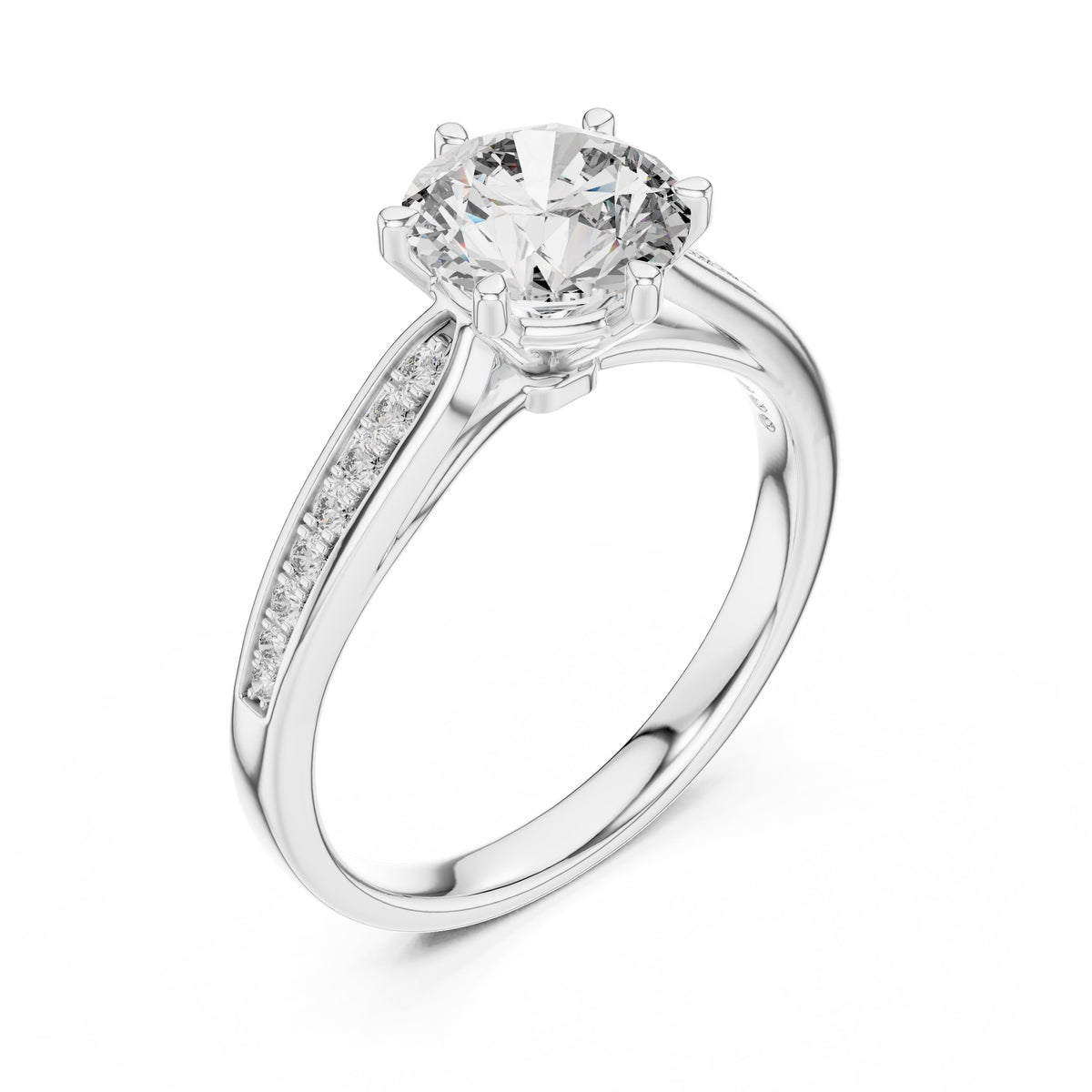 Round Diamond Six Prong Engagement Ring with Pavé Band