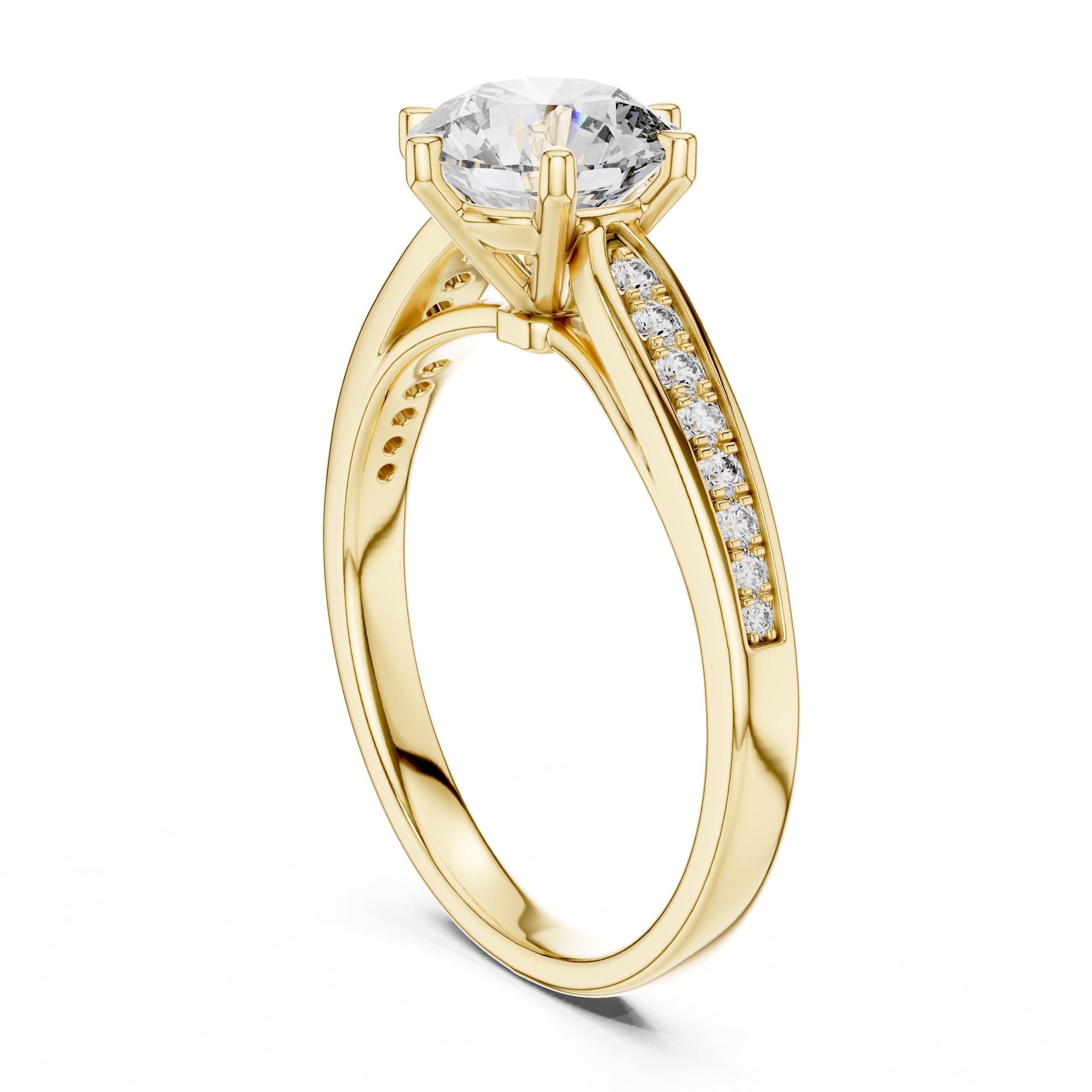 خاتم خطوبة بألماسة مستديرة سداسي الكباسات مع سوار بافيه in Yellow Gold - VYKA Diamonds