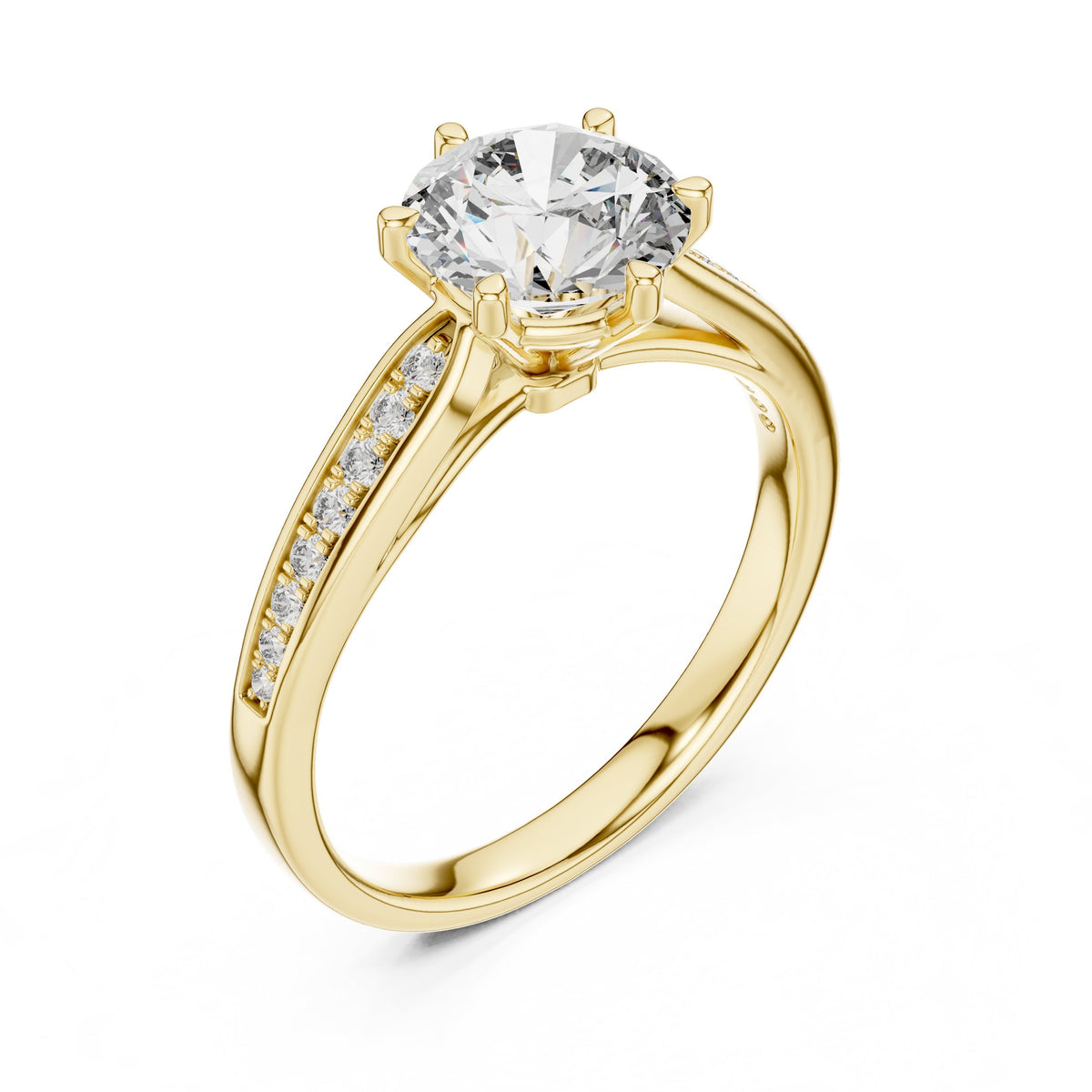 Round Diamond Six Prong Engagement Ring with Pavé Band
