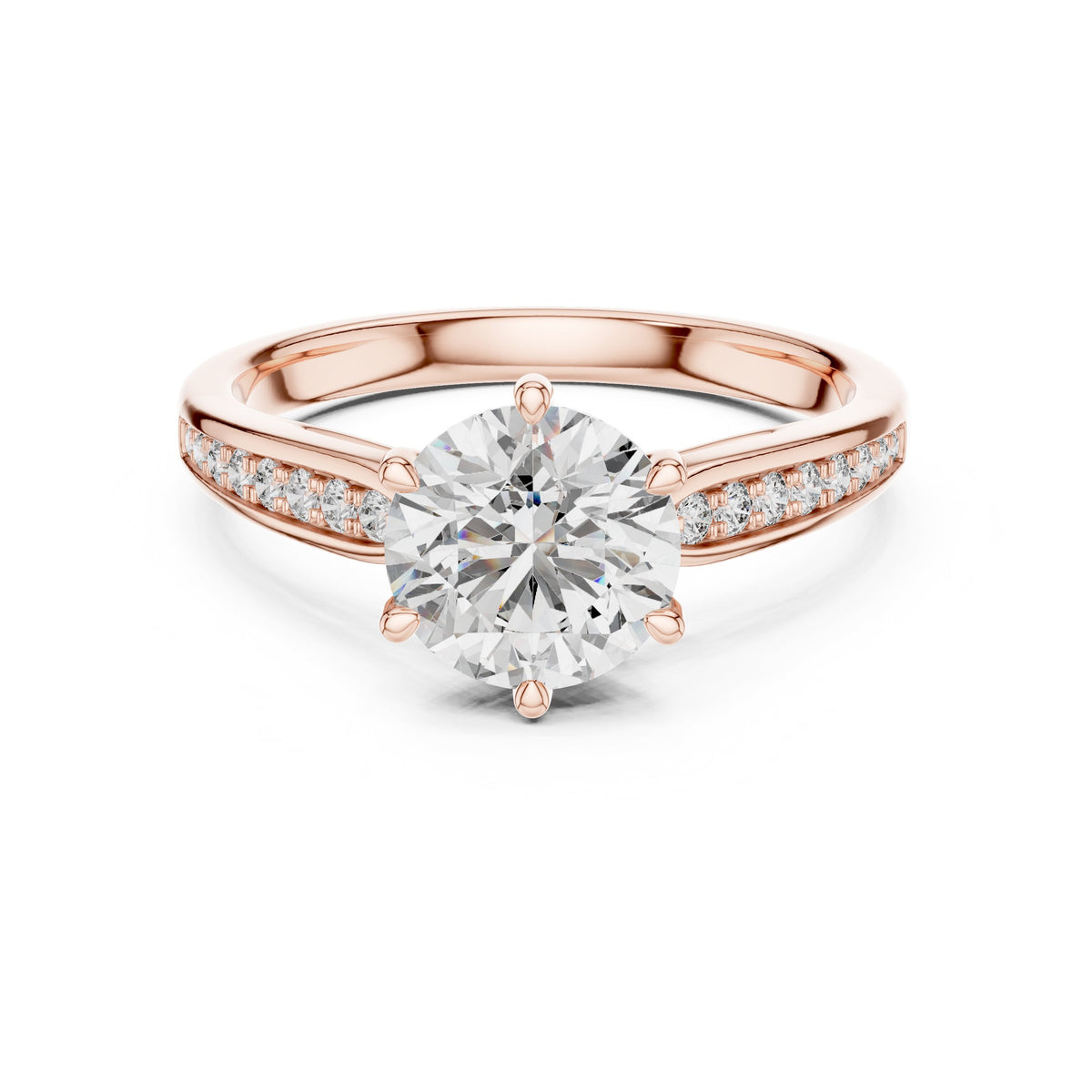 Round Diamond Six Prong Engagement Ring with Pavé Band