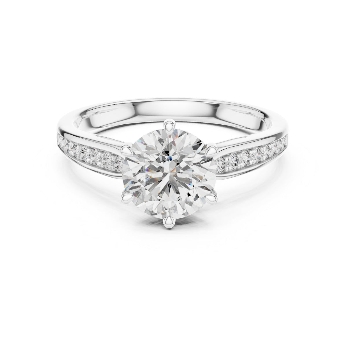 Round Diamond Six Prong Engagement Ring with Pavé Band
