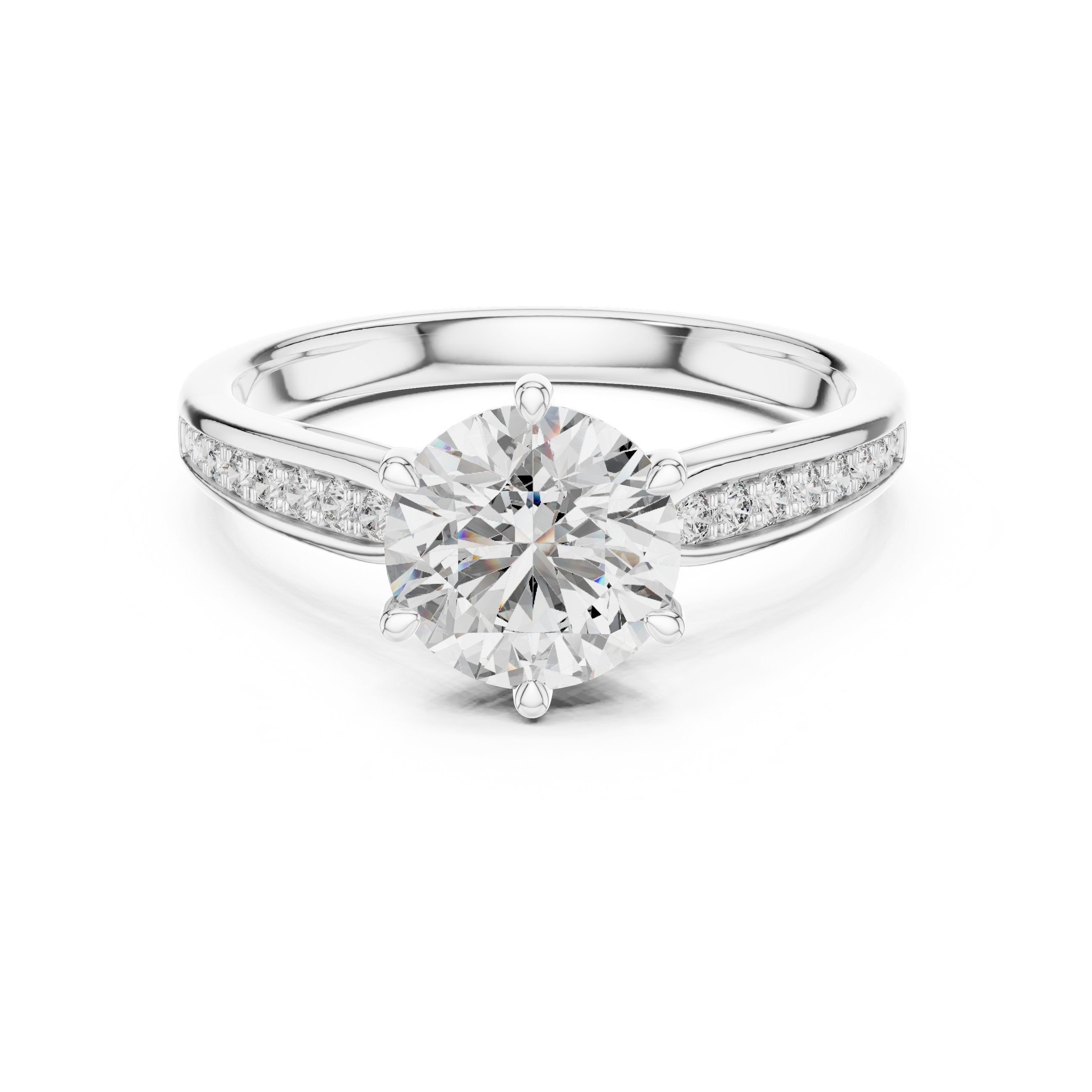 خاتم خطوبة بألماسة مستديرة سداسي الكباسات مع سوار بافيه in White Gold - VYKA Diamonds