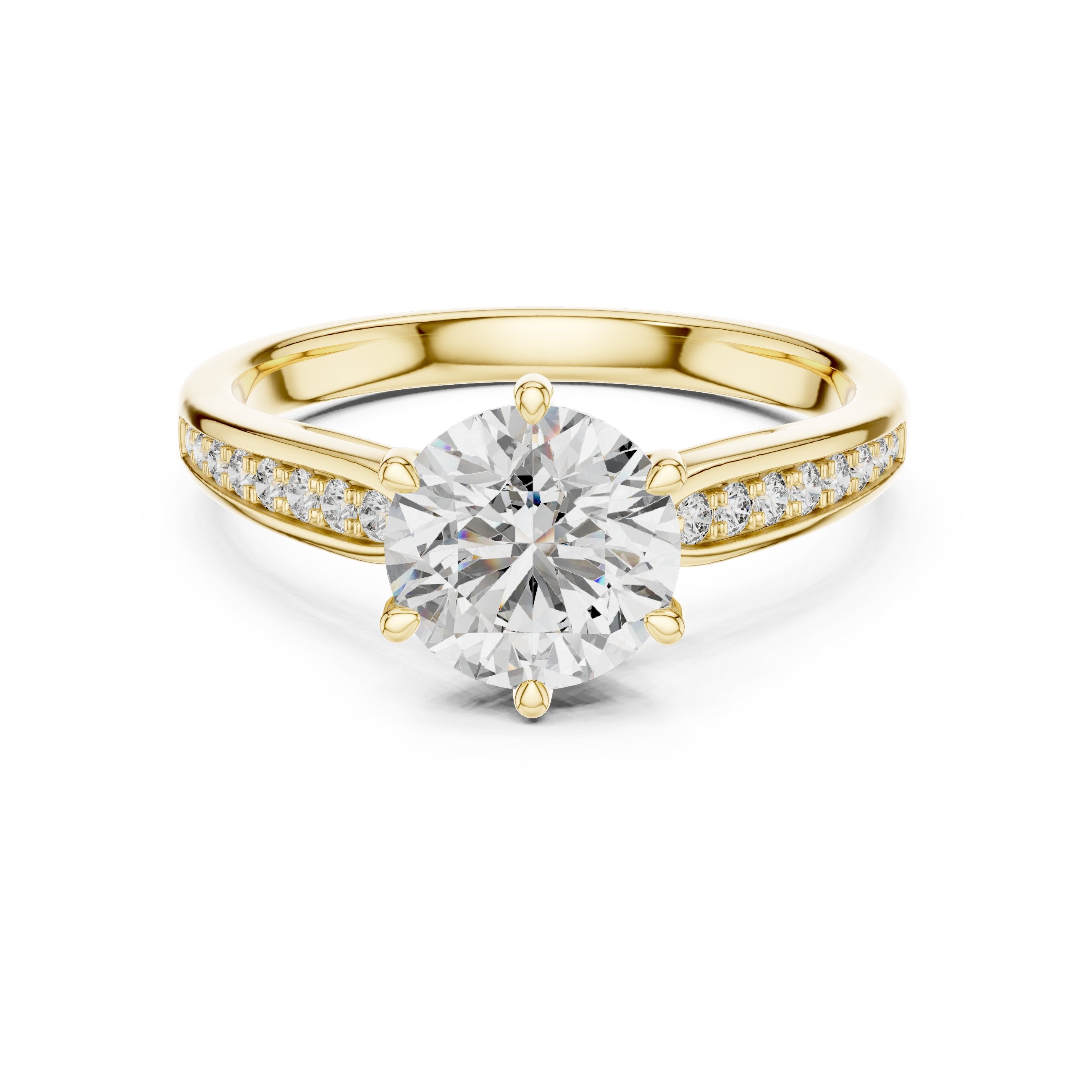 خاتم خطوبة بألماسة مستديرة سداسي الكباسات مع سوار بافيه in Yellow Gold - VYKA Diamonds