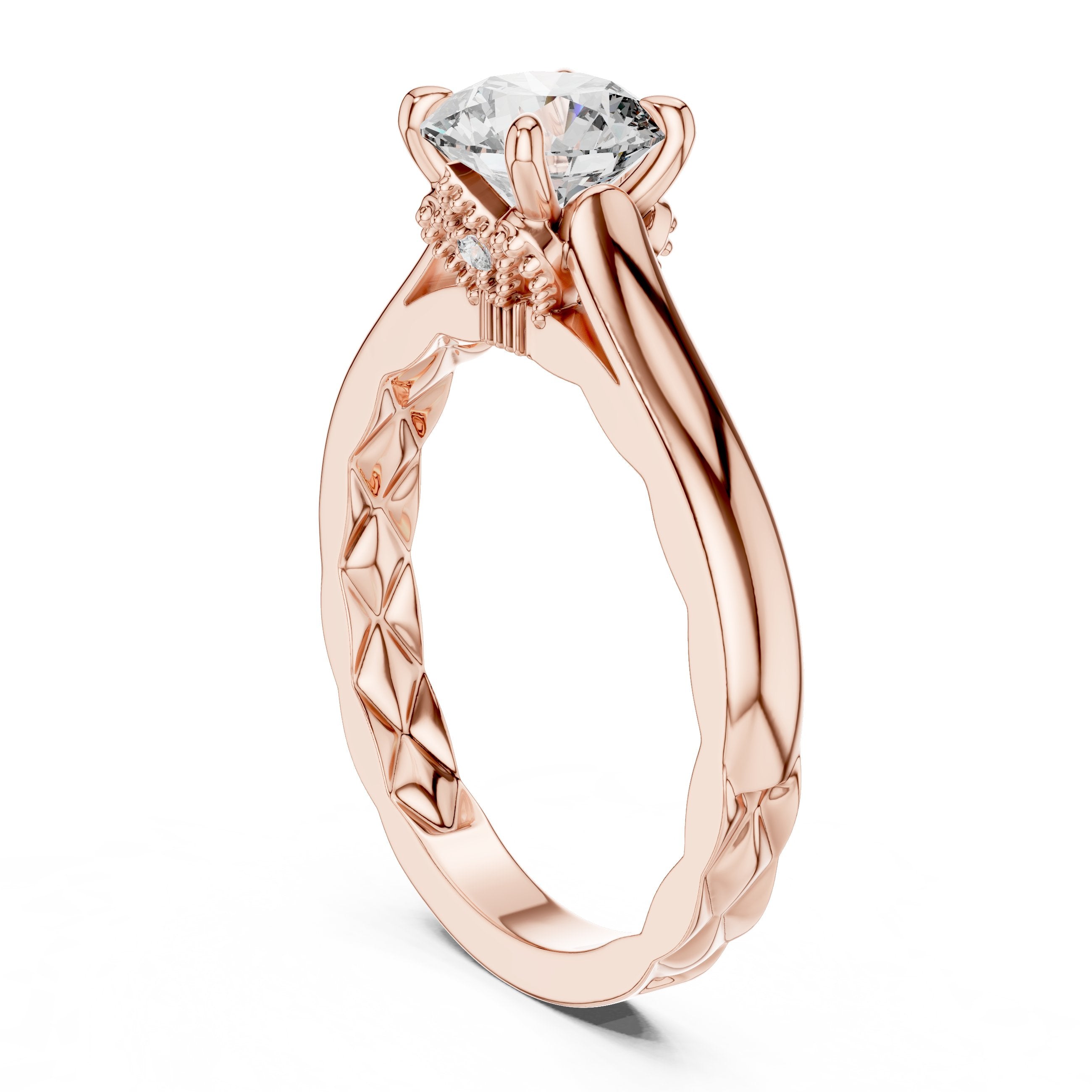 Round Diamond Solitaire Engagement Ring with Decorative Etched Band in Rose Gold - VYKA Diamonds