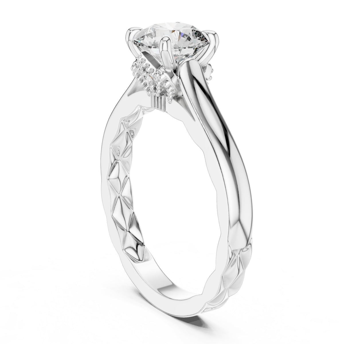 Round Diamond Solitaire Engagement Ring with Decorative Etched Band