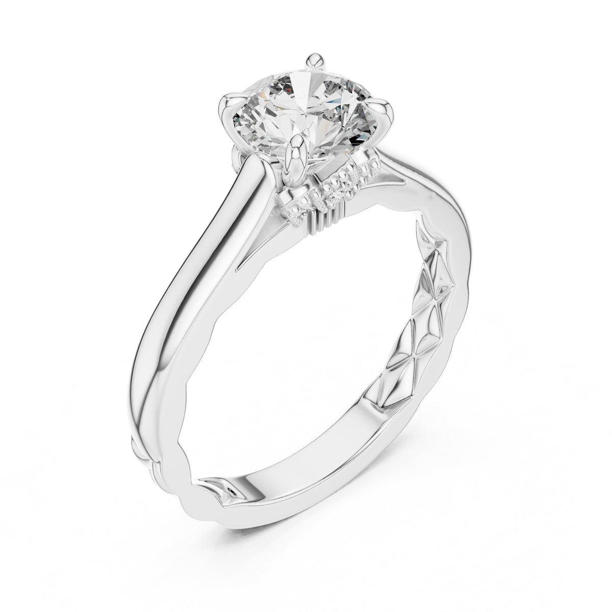 Round Diamond Solitaire Engagement Ring with Decorative Etched Band