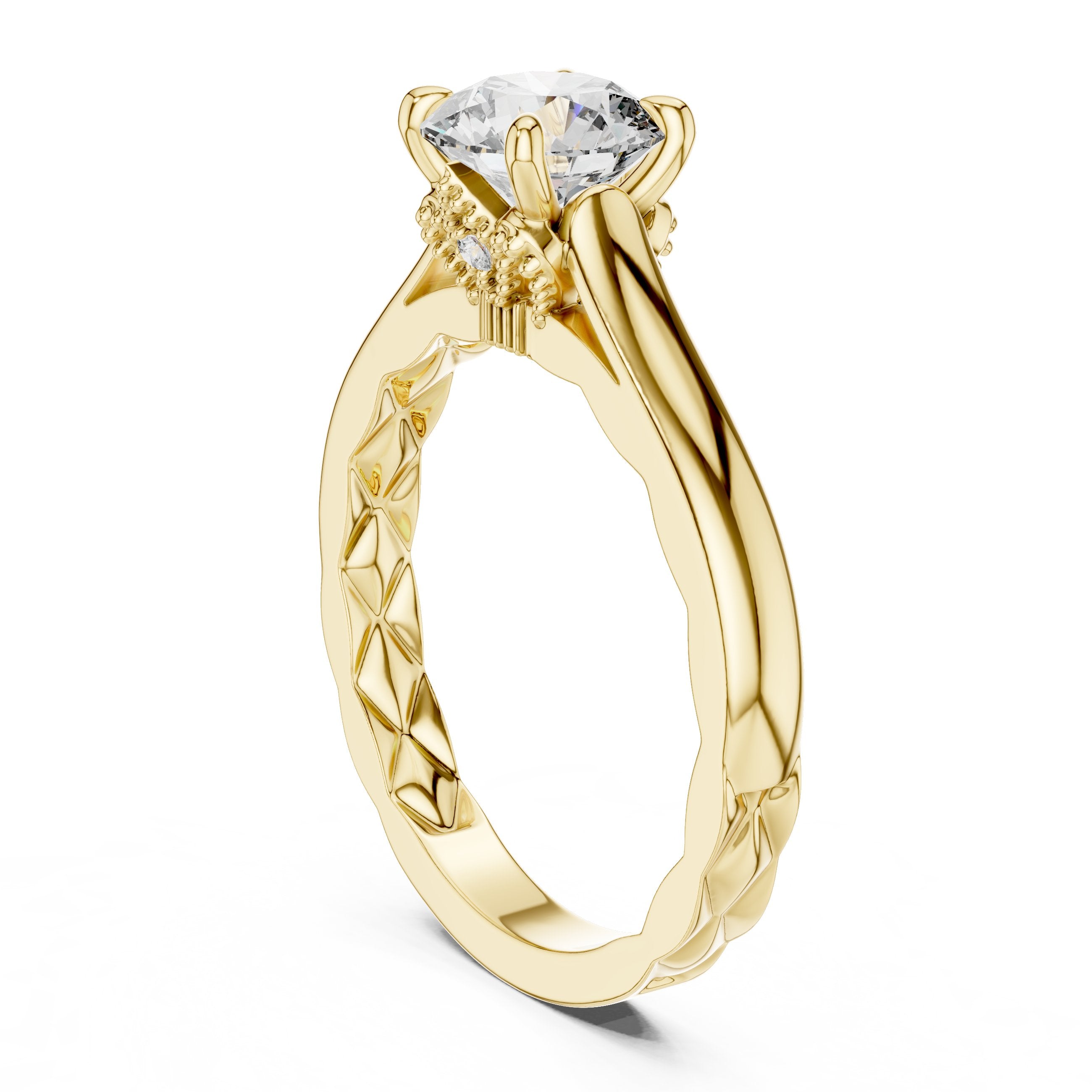 Round Diamond Solitaire Engagement Ring with Decorative Etched Band in Yellow Gold - VYKA Diamonds