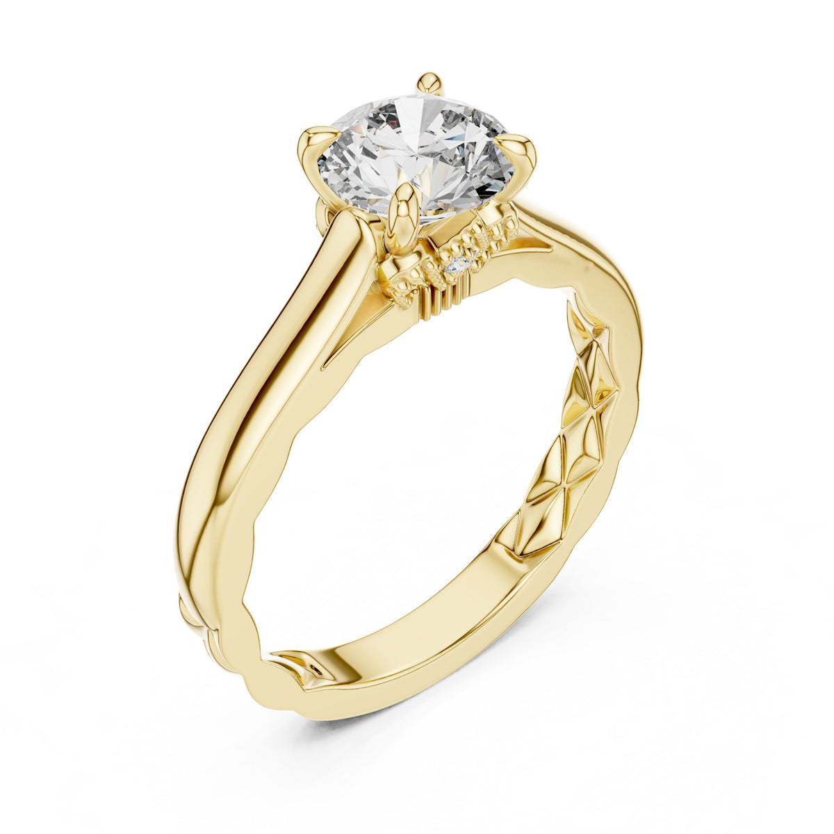 Round Diamond Solitaire Engagement Ring with Decorative Etched Band