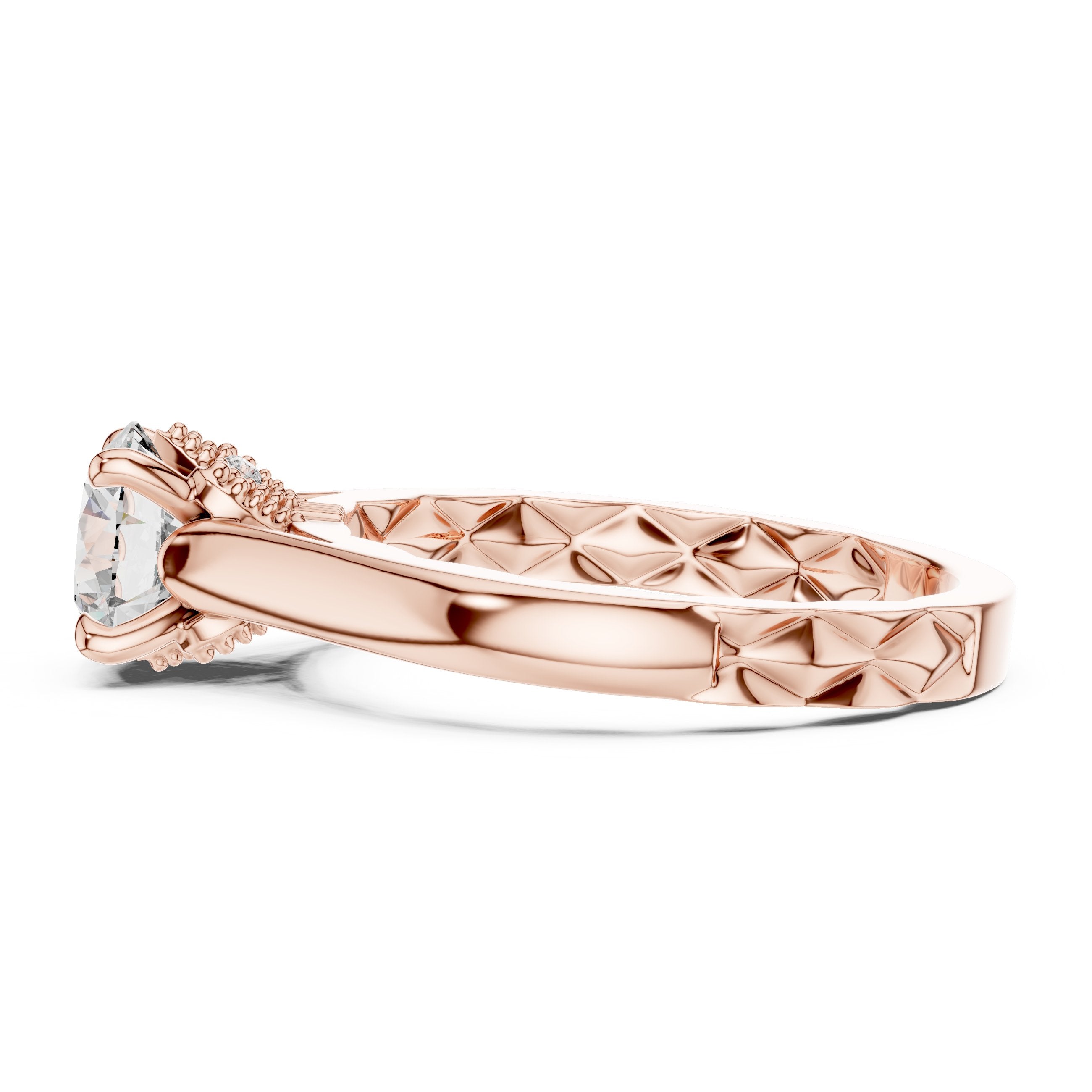 Round Diamond Solitaire Engagement Ring with Decorative Etched Band in Rose Gold - VYKA Diamonds
