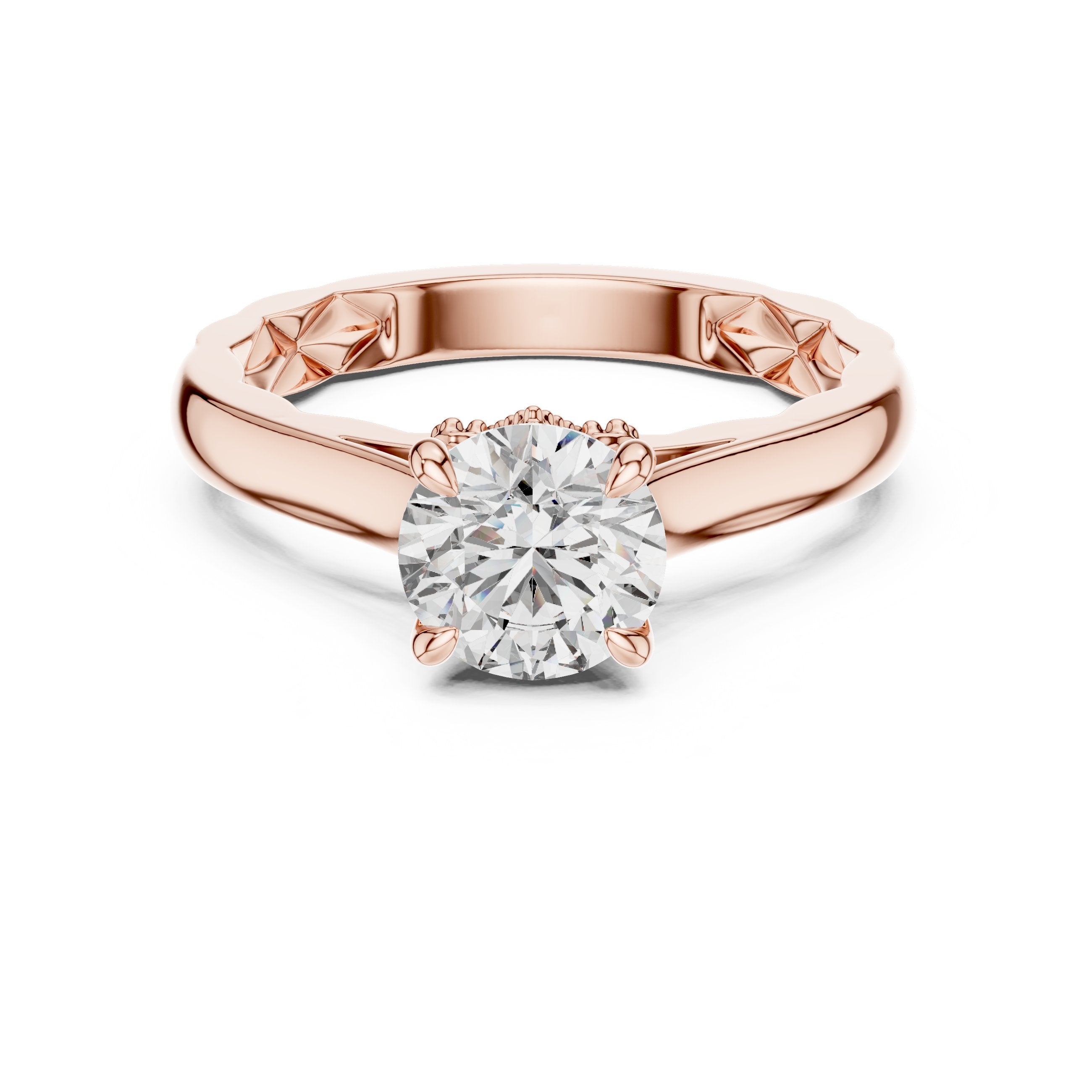 Round Diamond Solitaire Engagement Ring with Decorative Etched Band in Rose Gold - VYKA Diamonds