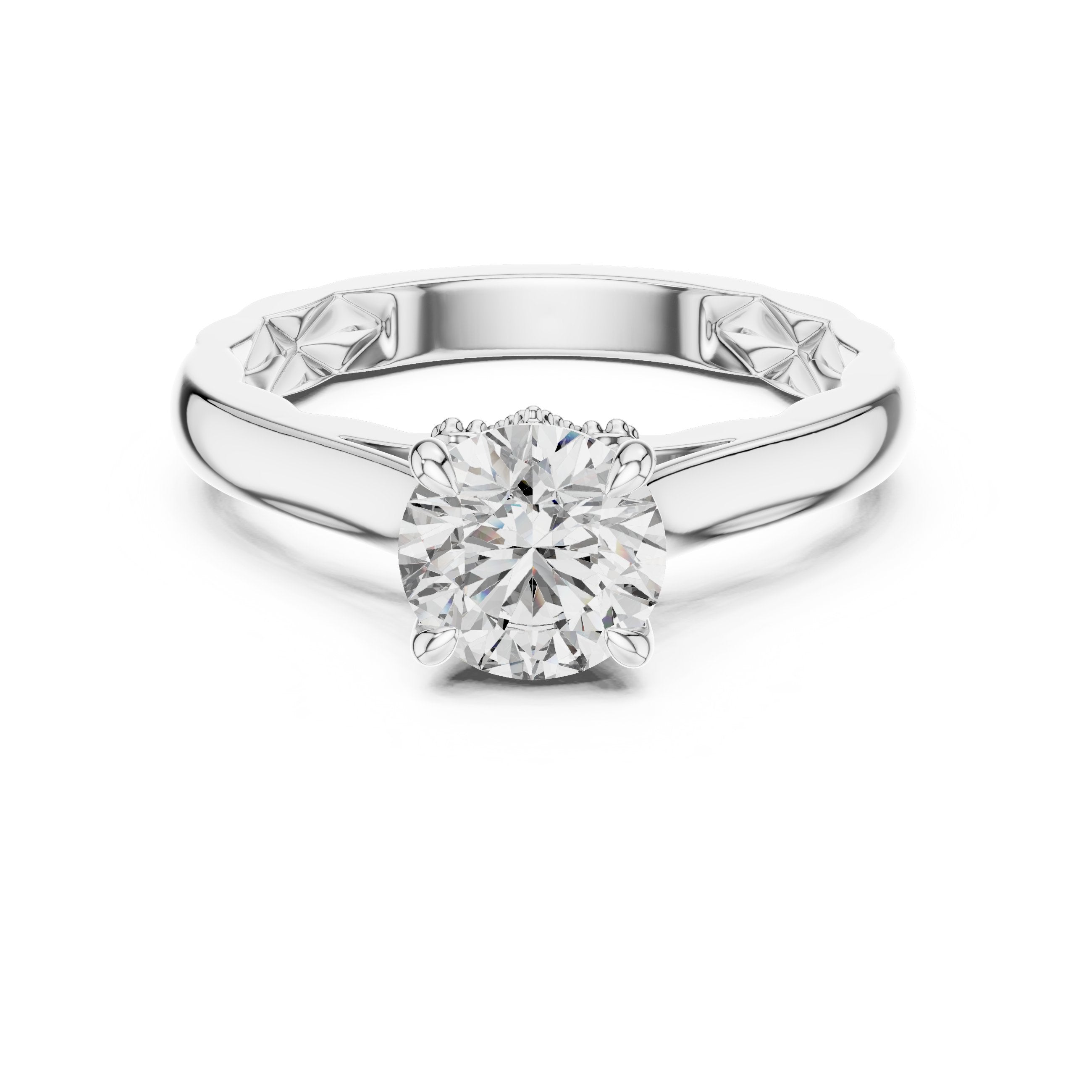 Round Diamond Solitaire Engagement Ring with Decorative Etched Band in White Gold - VYKA Diamonds