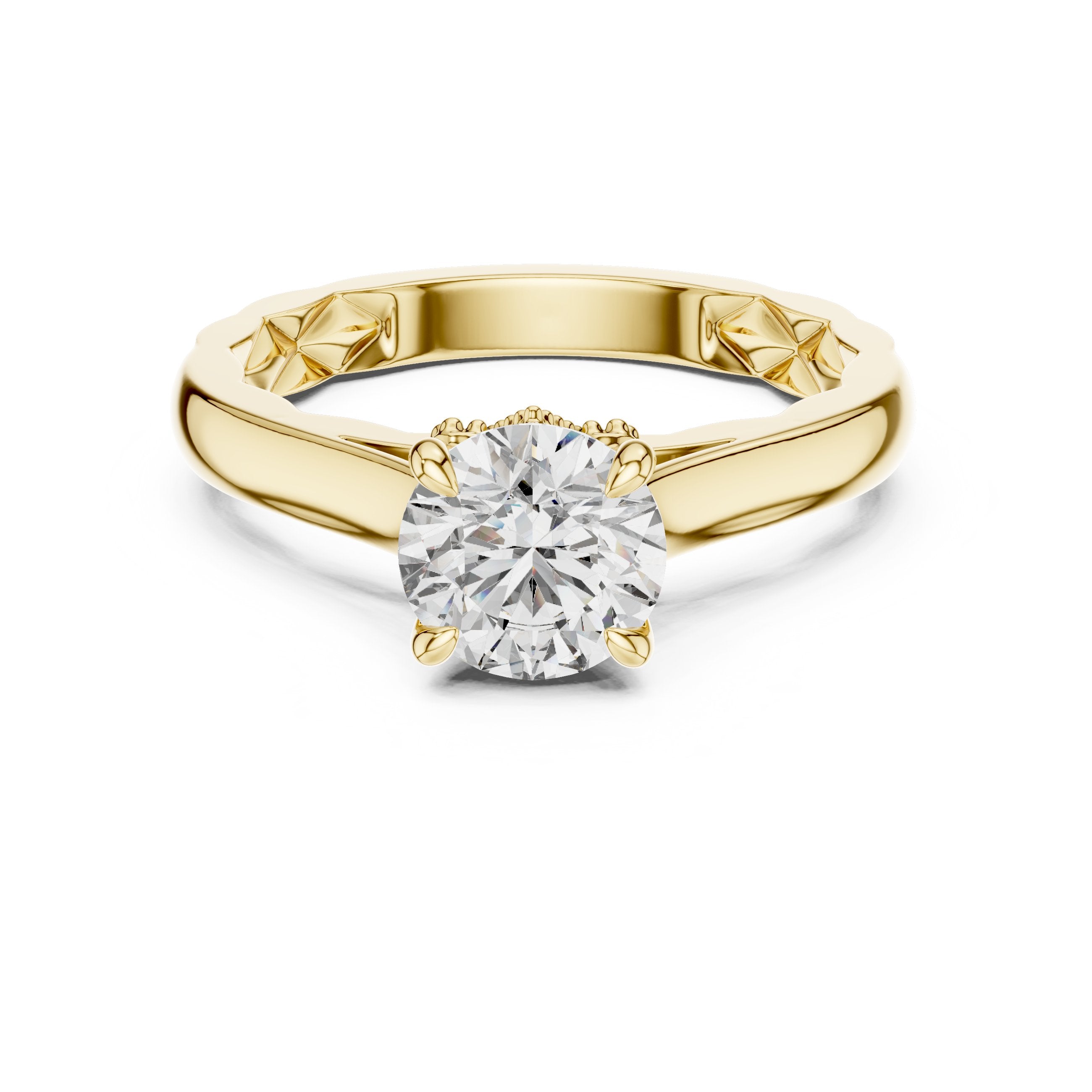 Round Diamond Solitaire Engagement Ring with Decorative Etched Band in Yellow Gold - VYKA Diamonds