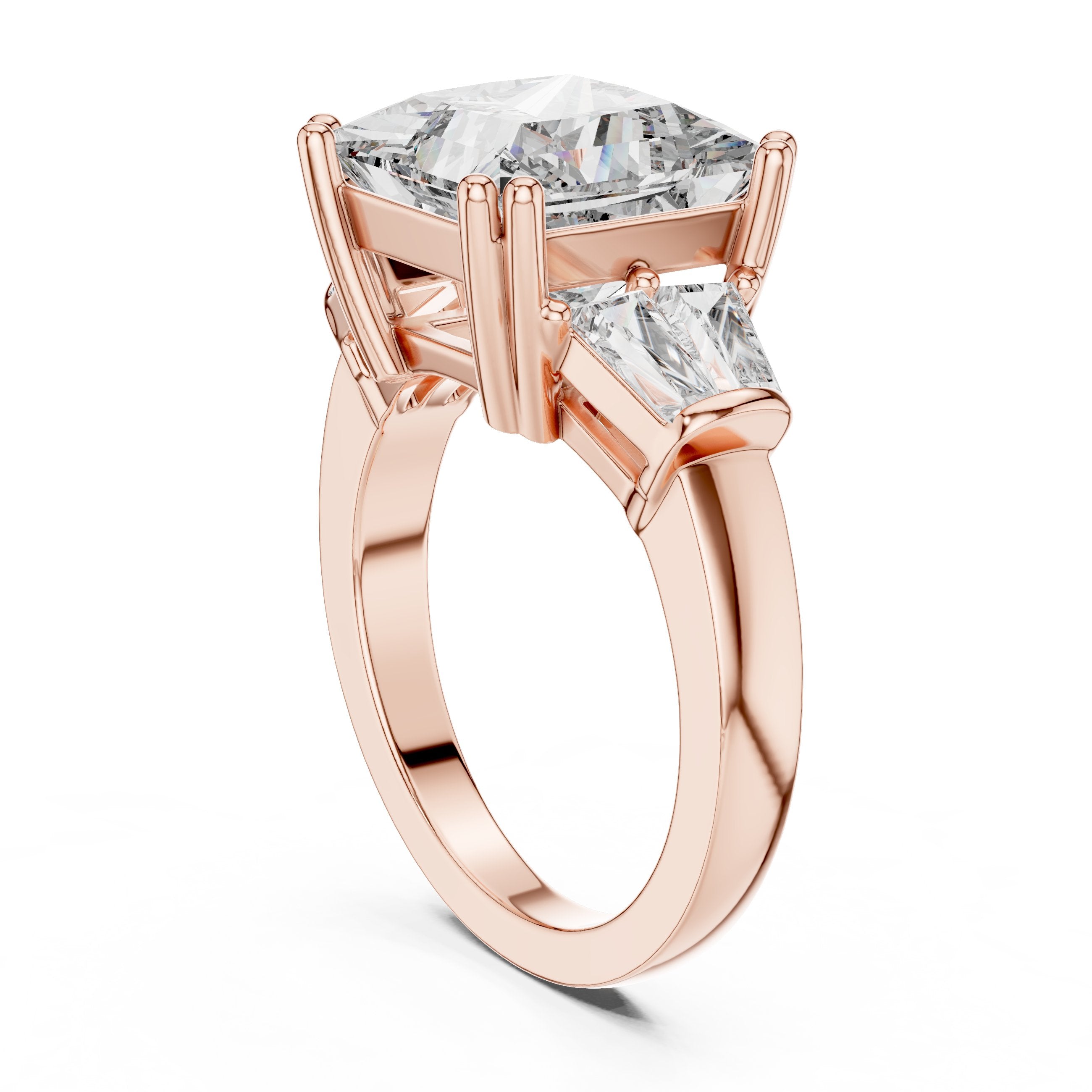 Princess Cut Three Stone Engagement Ring with Tapered Baguette Sides in Rose Gold - VYKA Diamonds
