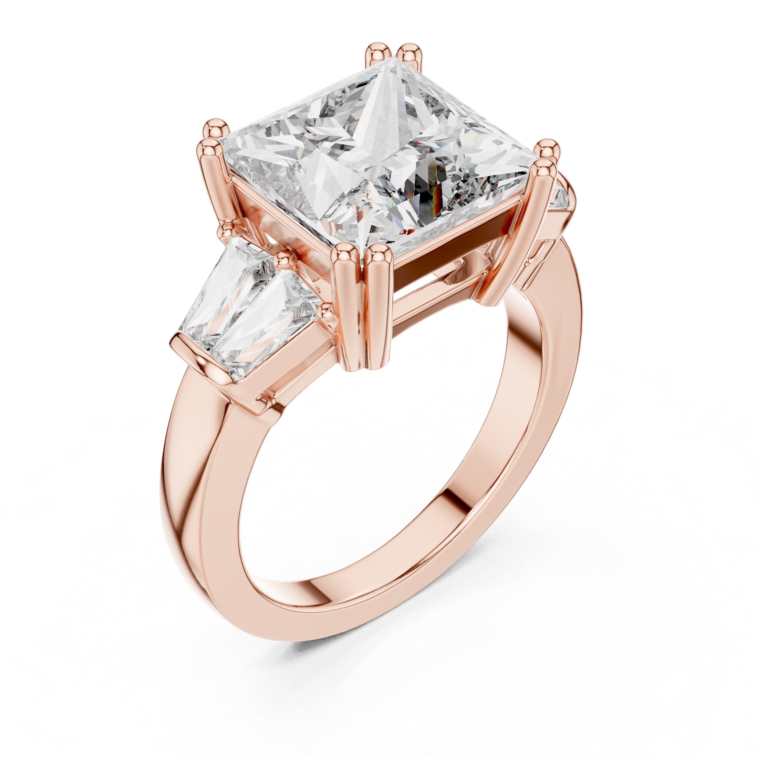 Princess Cut Three Stone Engagement Ring with Tapered Baguette Sides in Rose Gold - VYKA Diamonds