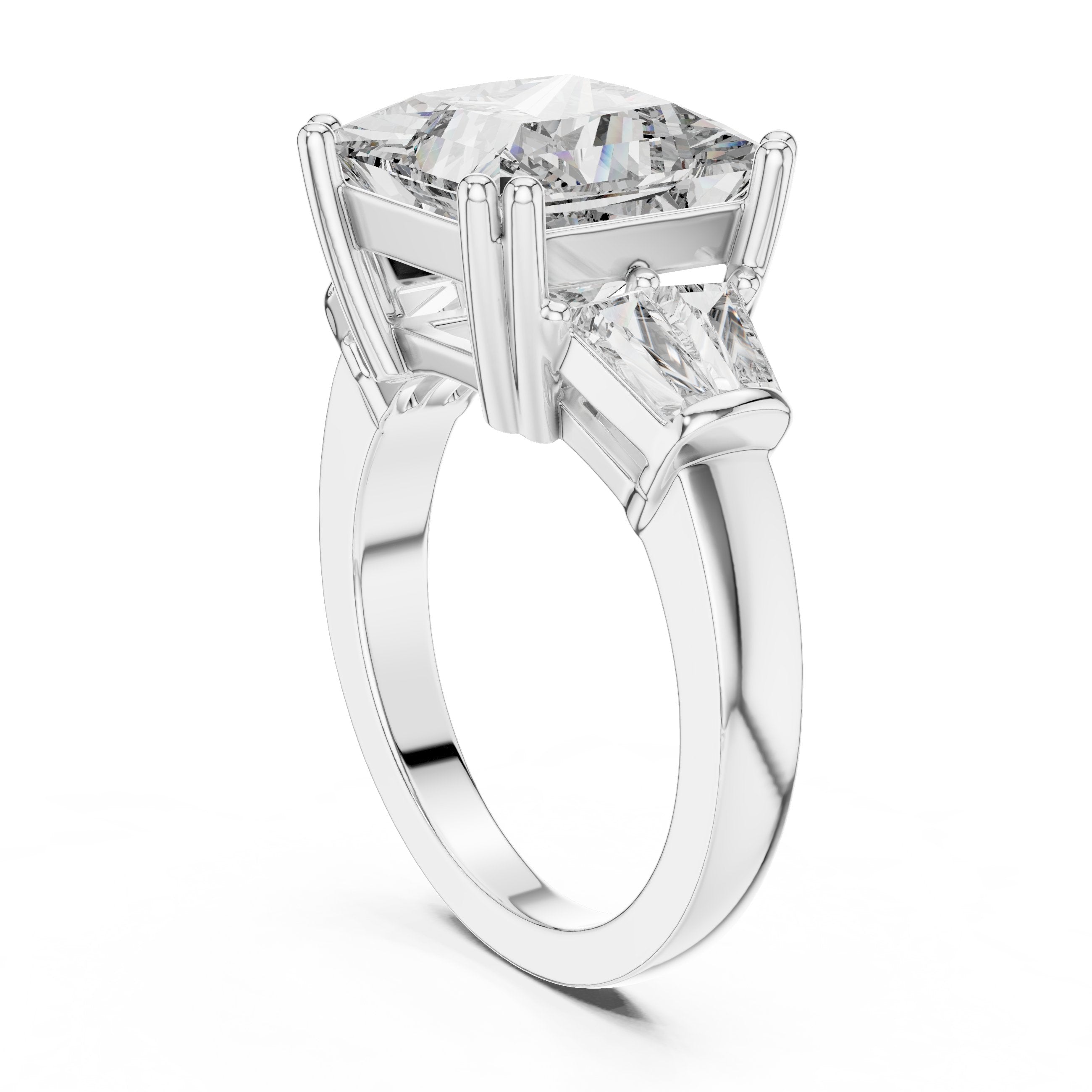 Princess Cut Three Stone Engagement Ring with Tapered Baguette Sides in White Gold - VYKA Diamonds