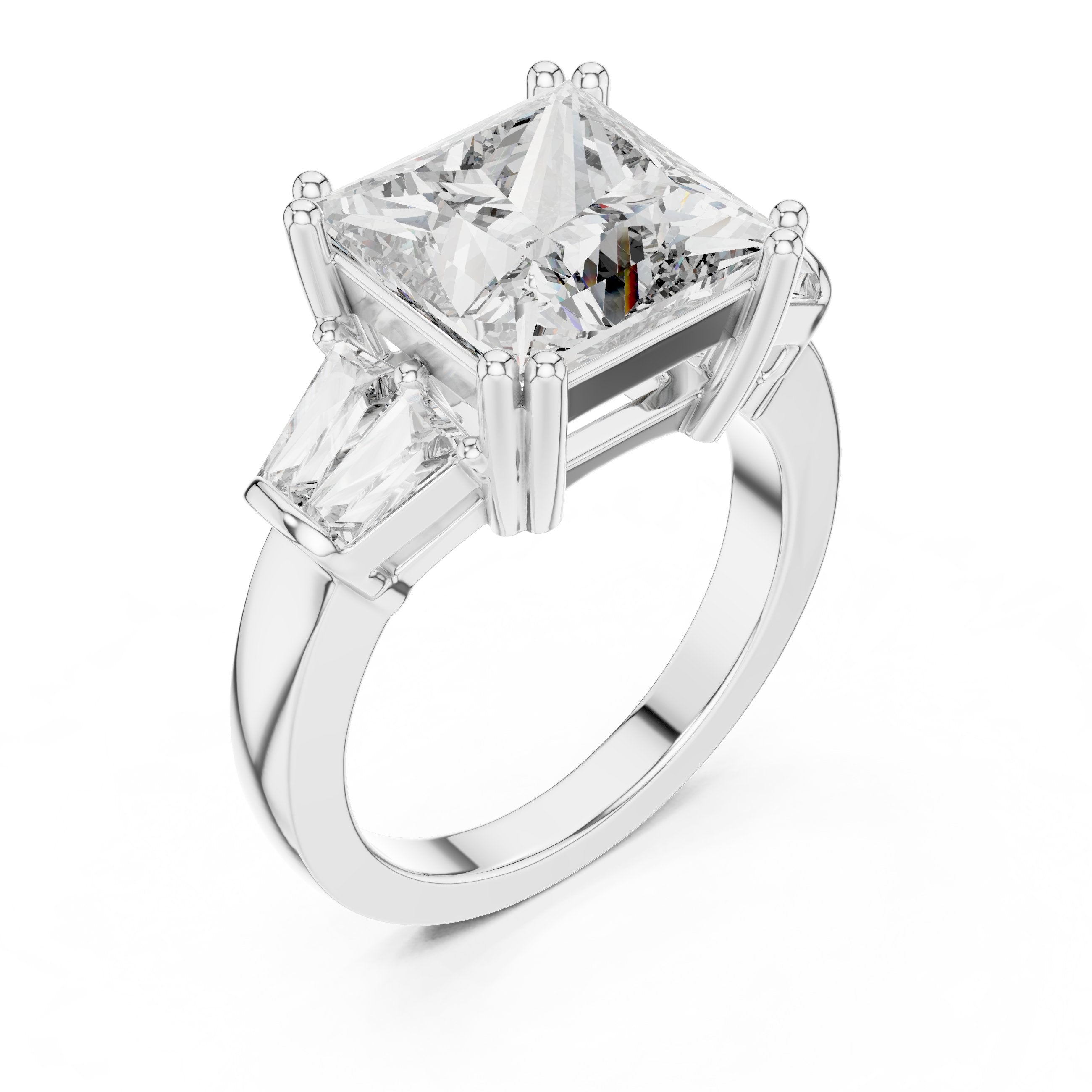 Princess Cut Three Stone Engagement Ring with Tapered Baguette Sides in White Gold - VYKA Diamonds