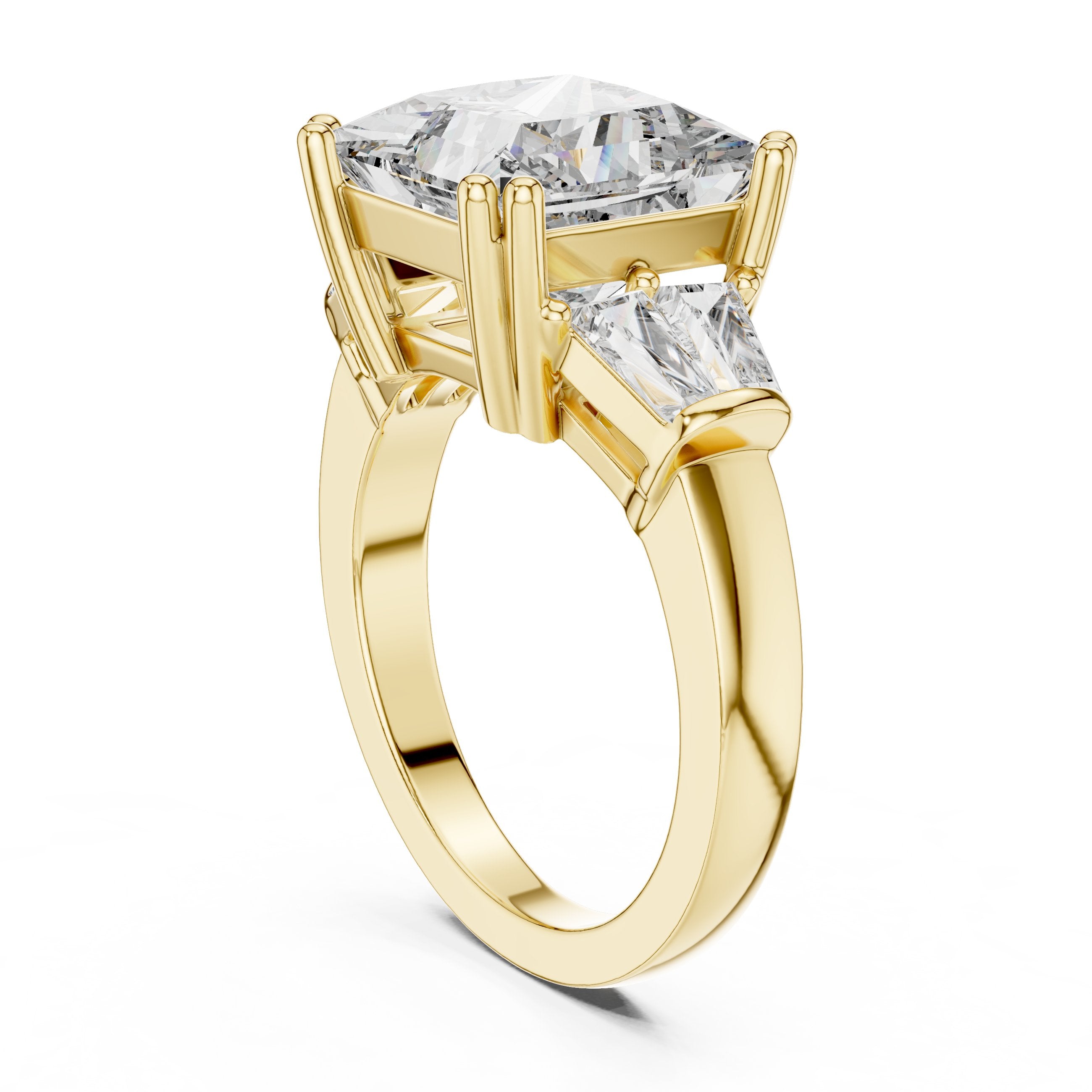 Princess Cut Three Stone Engagement Ring with Tapered Baguette Sides in Yellow Gold - VYKA Diamonds