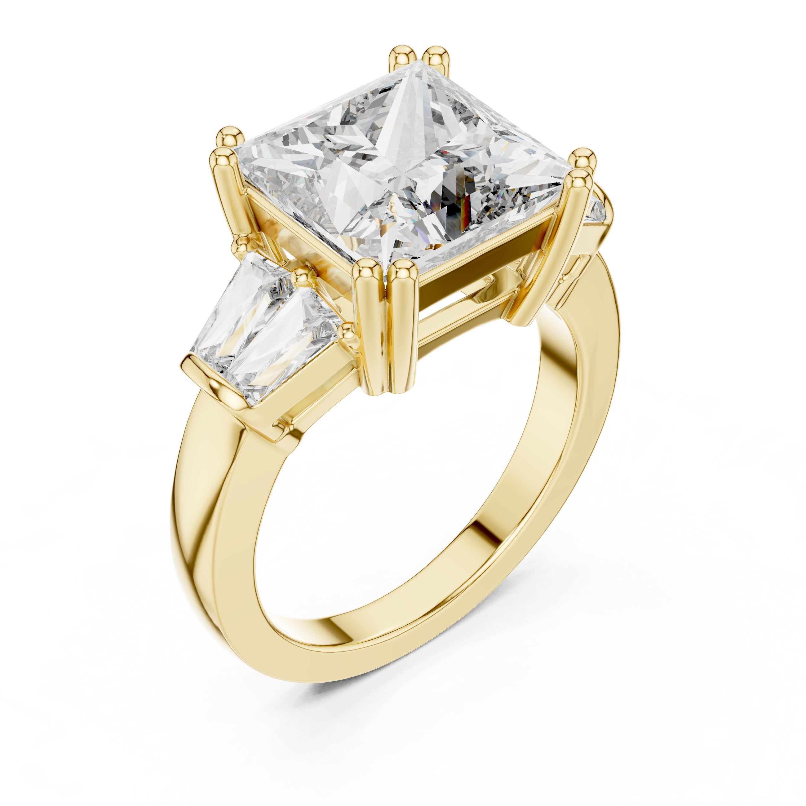 Princess Cut Three Stone Engagement Ring with Tapered Baguette Sides in Yellow Gold - VYKA Diamonds