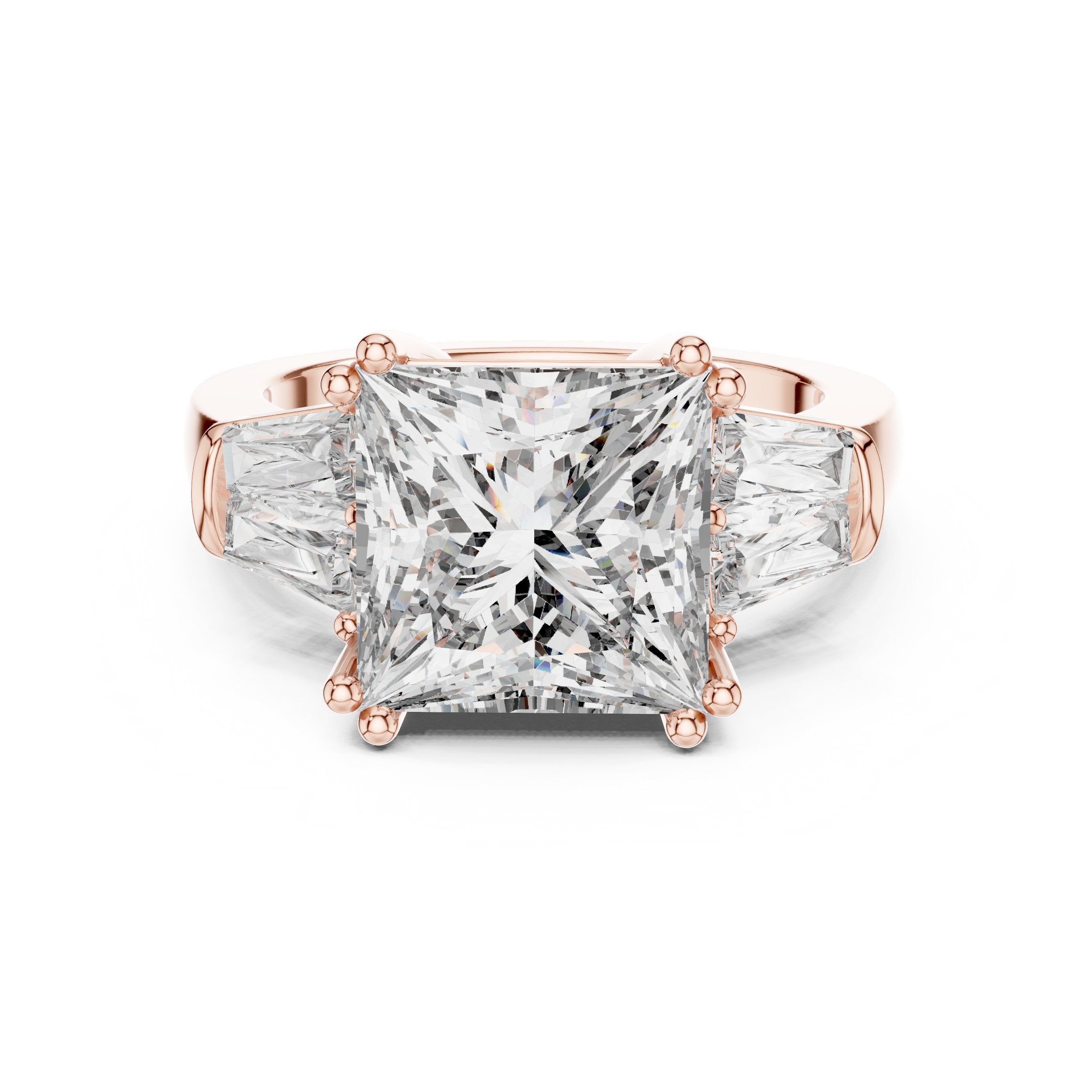 Princess Cut Three Stone Engagement Ring with Tapered Baguette Sides in Rose Gold - VYKA Diamonds