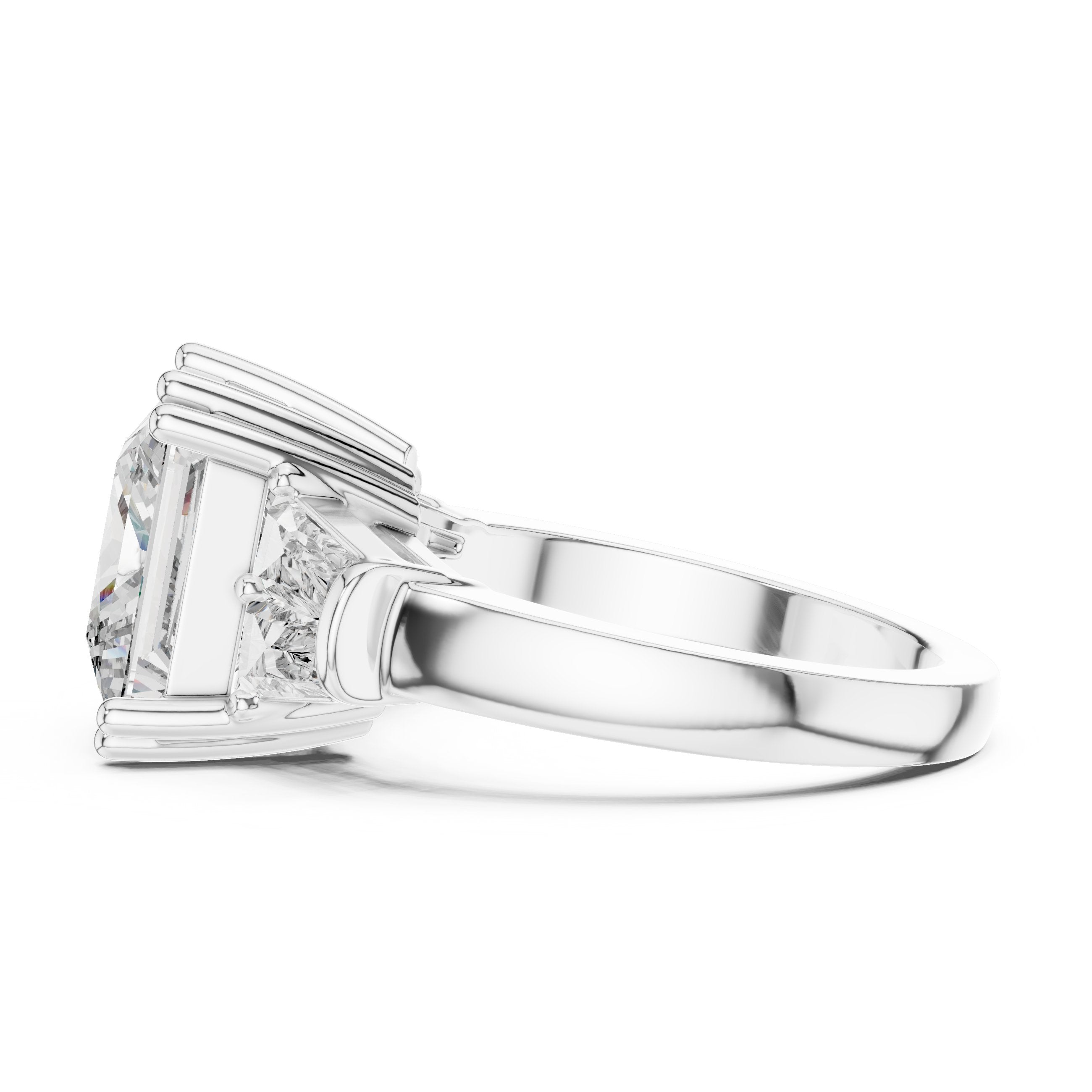 Princess Cut Three Stone Engagement Ring with Tapered Baguette Sides in White Gold - VYKA Diamonds