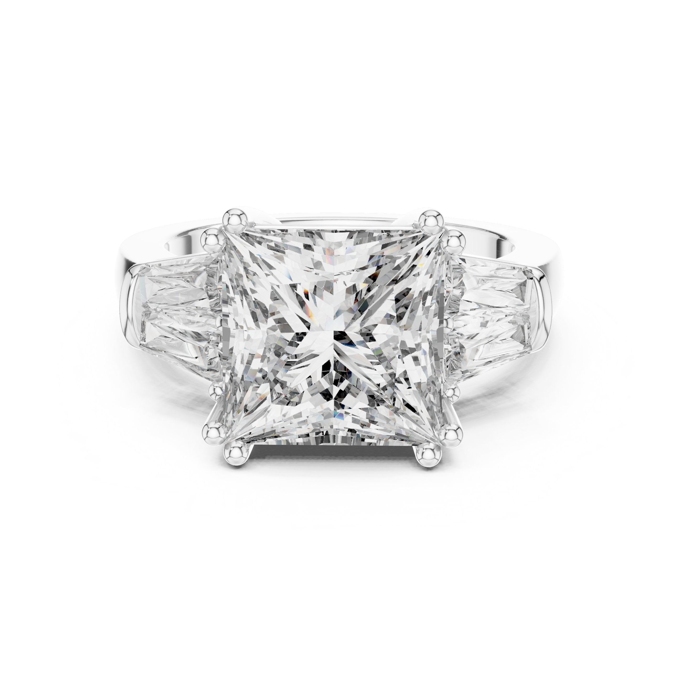 Princess Cut Three Stone Engagement Ring with Tapered Baguette Sides in White Gold - VYKA Diamonds