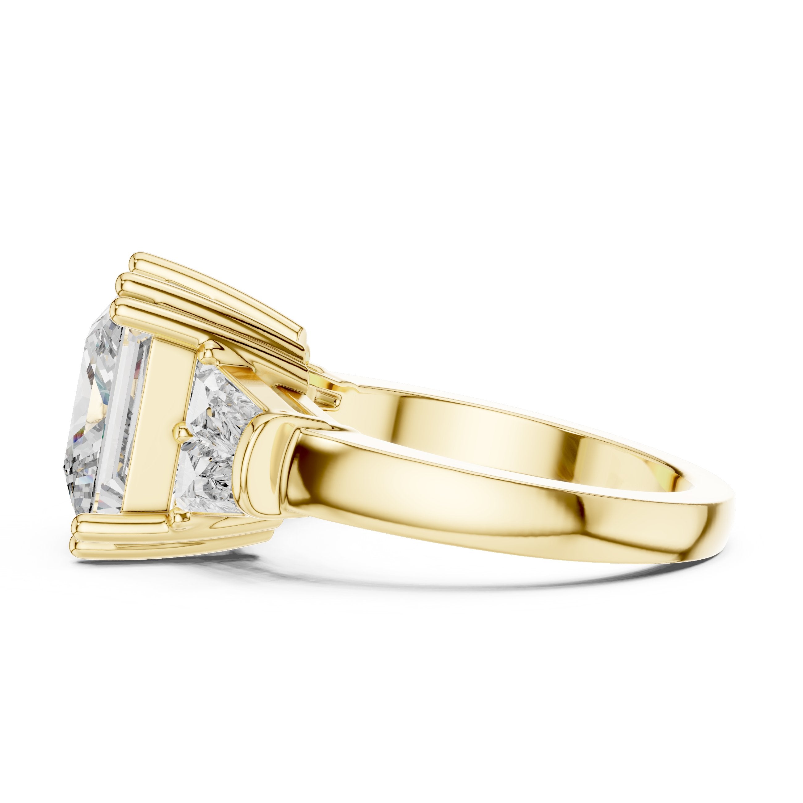 Princess Cut Three Stone Engagement Ring with Tapered Baguette Sides in Yellow Gold - VYKA Diamonds