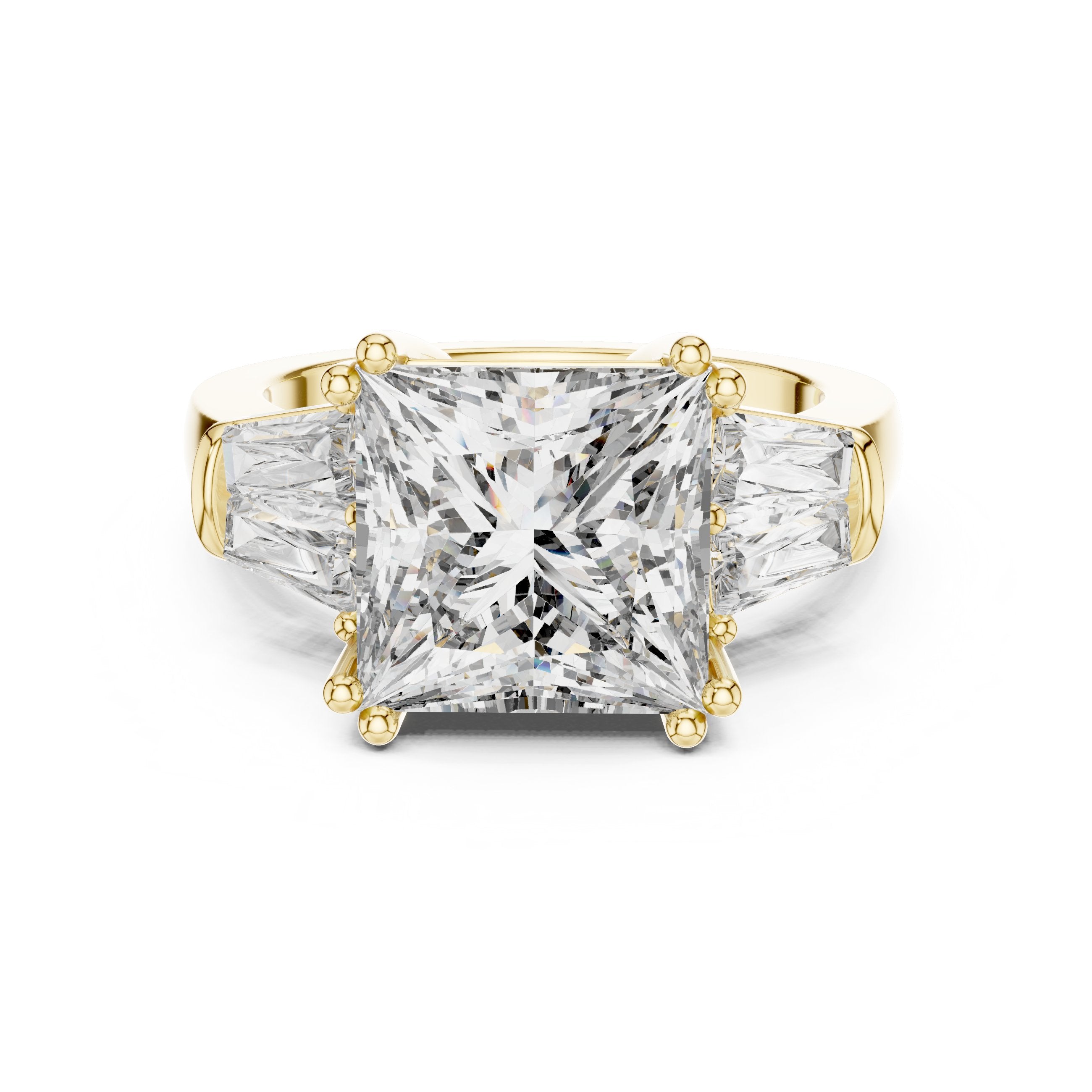 Princess Cut Three Stone Engagement Ring with Tapered Baguette Sides in Yellow Gold - VYKA Diamonds