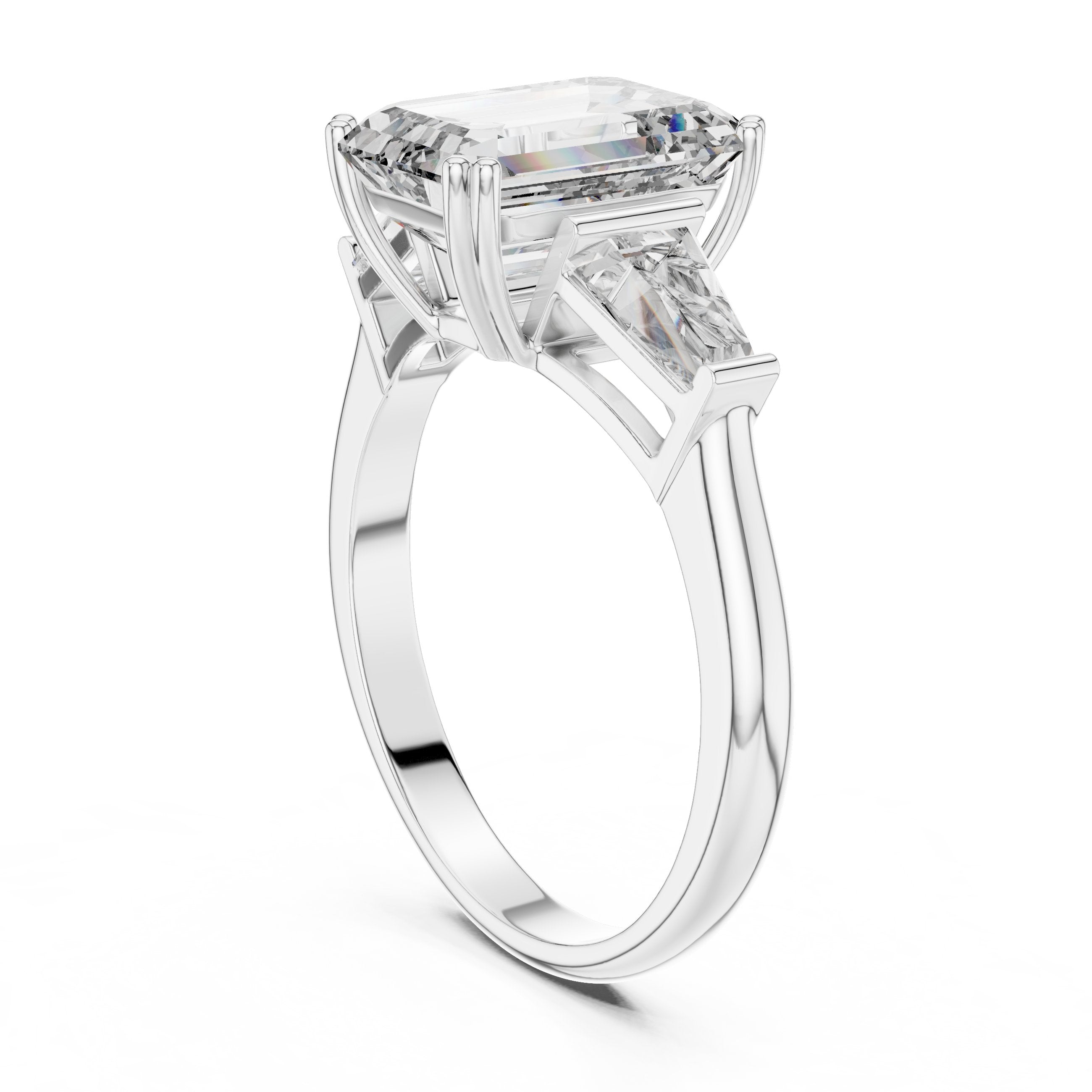 Emerald Cut Three Stone Engagement Ring with Tapered Baguette Sides in White Gold - VYKA Diamonds