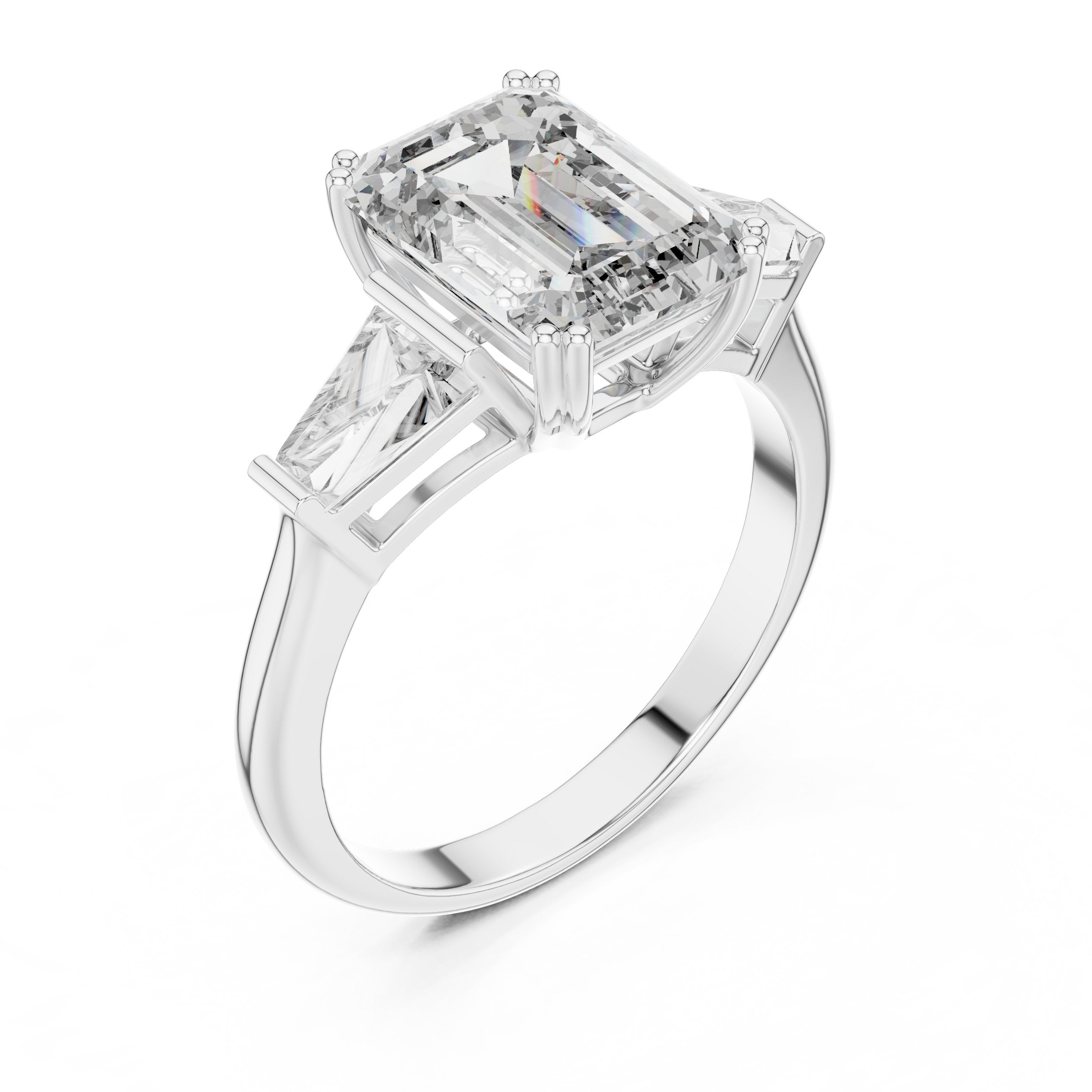 Emerald Cut Three Stone Engagement Ring with Tapered Baguette Sides in White Gold - VYKA Diamonds