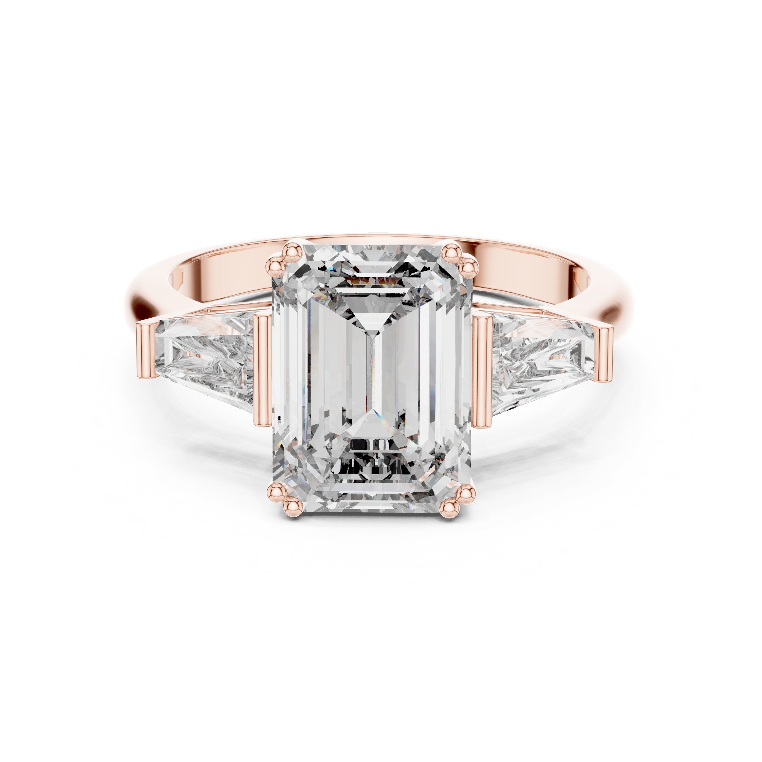 Emerald Cut Three Stone Engagement Ring with Tapered Baguette Sides in Rose Gold - VYKA Diamonds