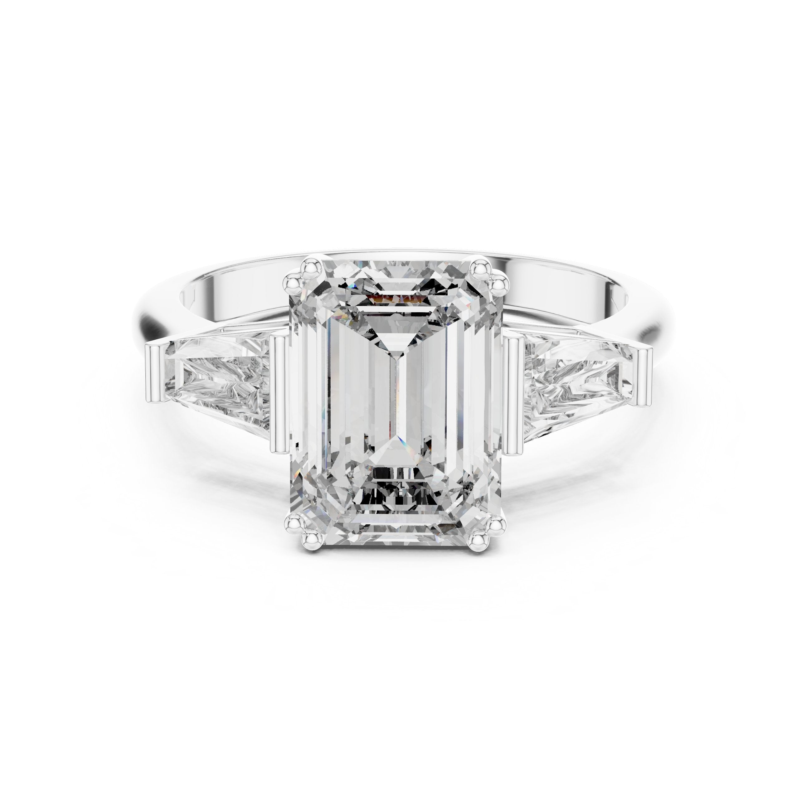 Emerald Cut Three Stone Engagement Ring with Tapered Baguette Sides in White Gold - VYKA Diamonds