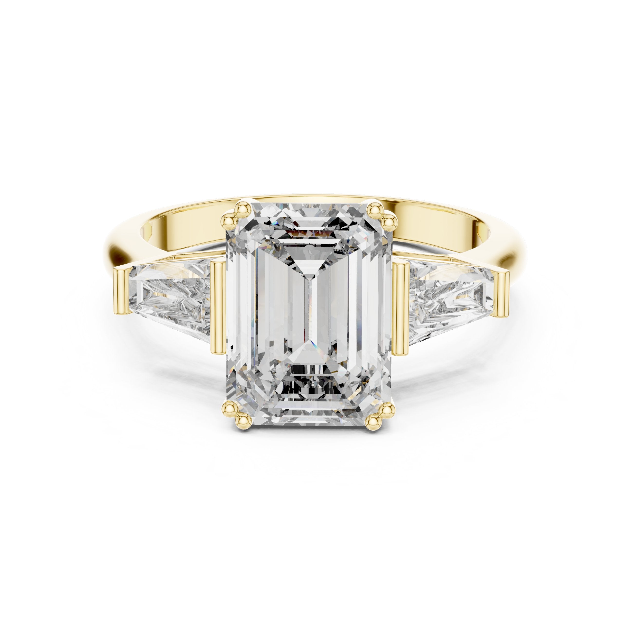 Emerald Cut Three Stone Engagement Ring with Tapered Baguette Sides in Yellow Gold - VYKA Diamonds