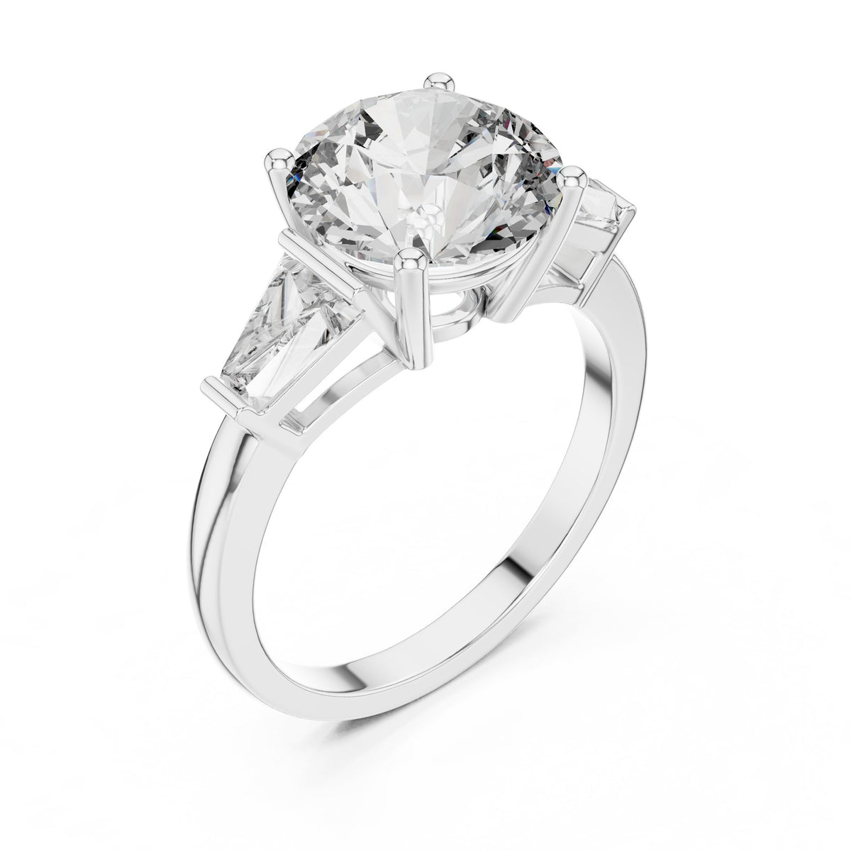 Round Diamond Three Stone Engagement Ring with Tapered Baguette Sides