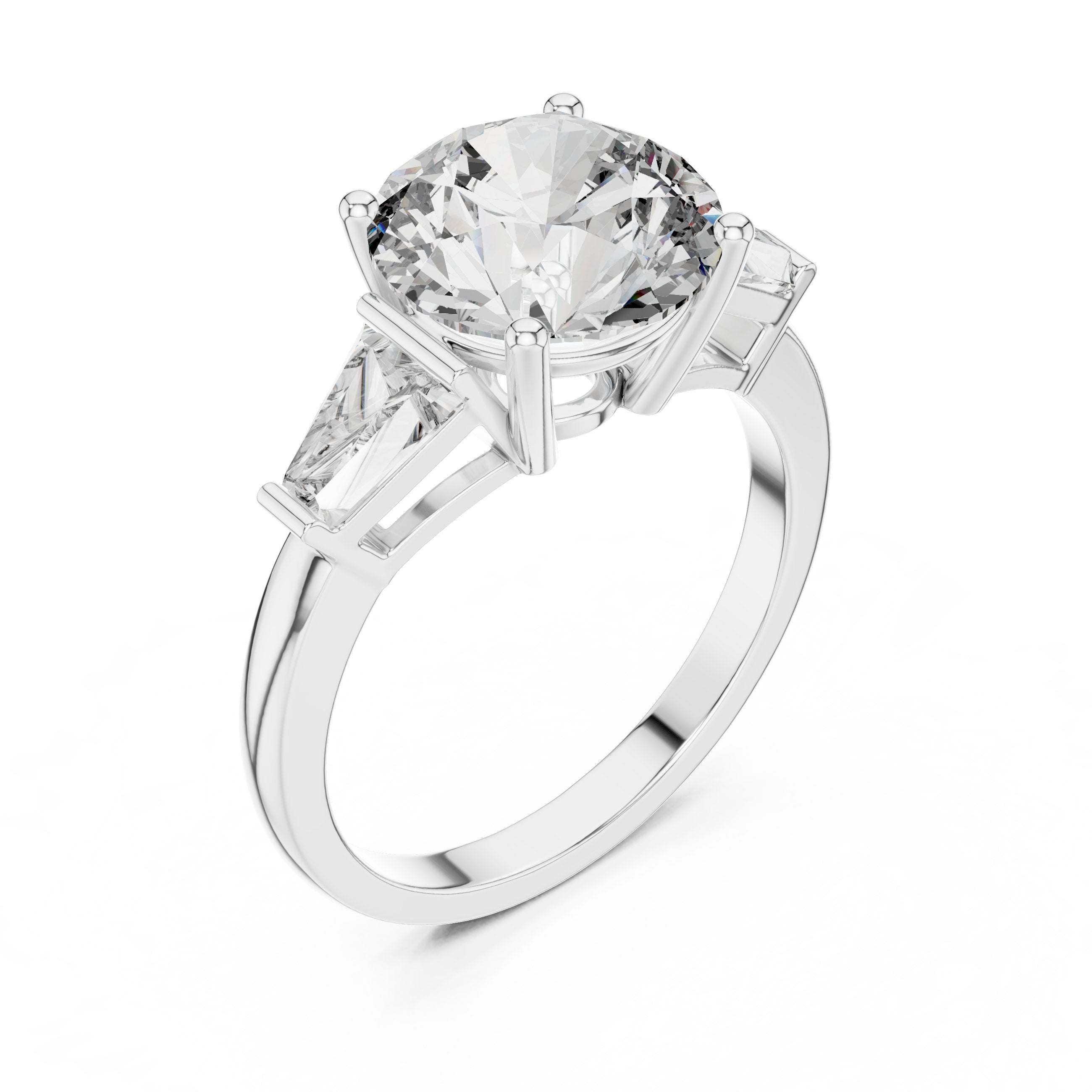 خاتم خطوبة بألماسة مستديرة بثلاث ألماسات مع جوانب باغيت مدبّبة in White Gold - VYKA Diamonds