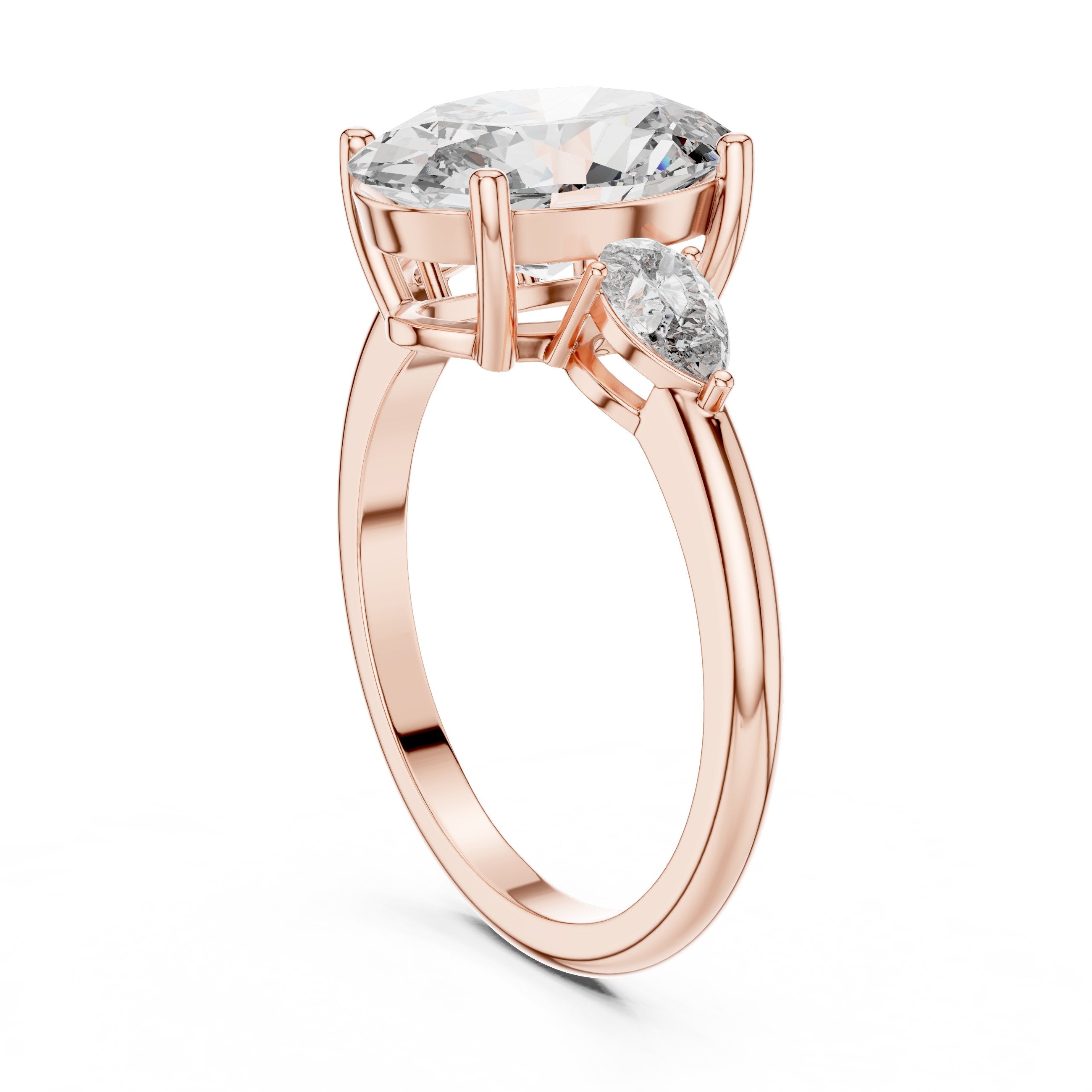 Oval Diamond Three Stone Engagement Ring with Pear Sides in Rose Gold - VYKA Diamonds