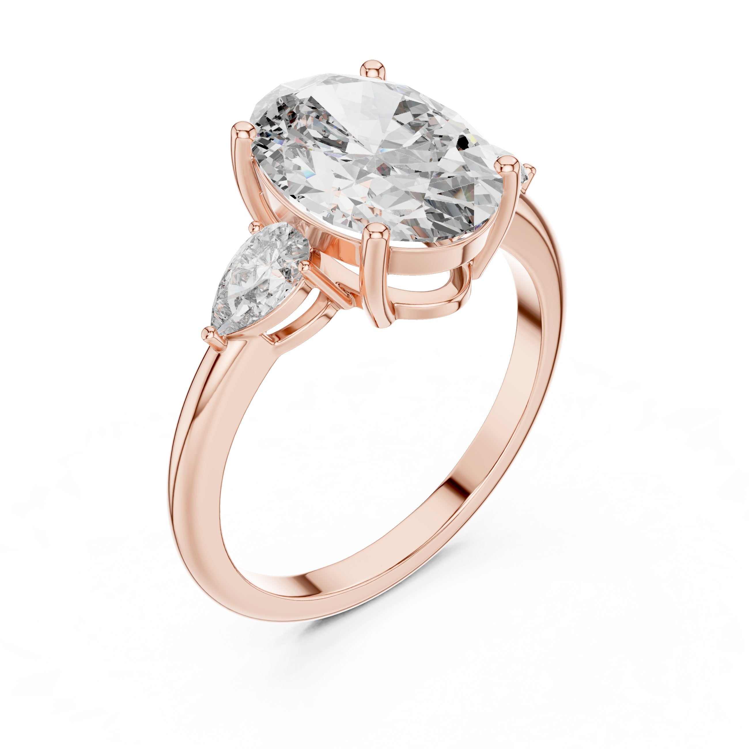 Oval Diamond Three Stone Engagement Ring with Pear Sides in Rose Gold - VYKA Diamonds
