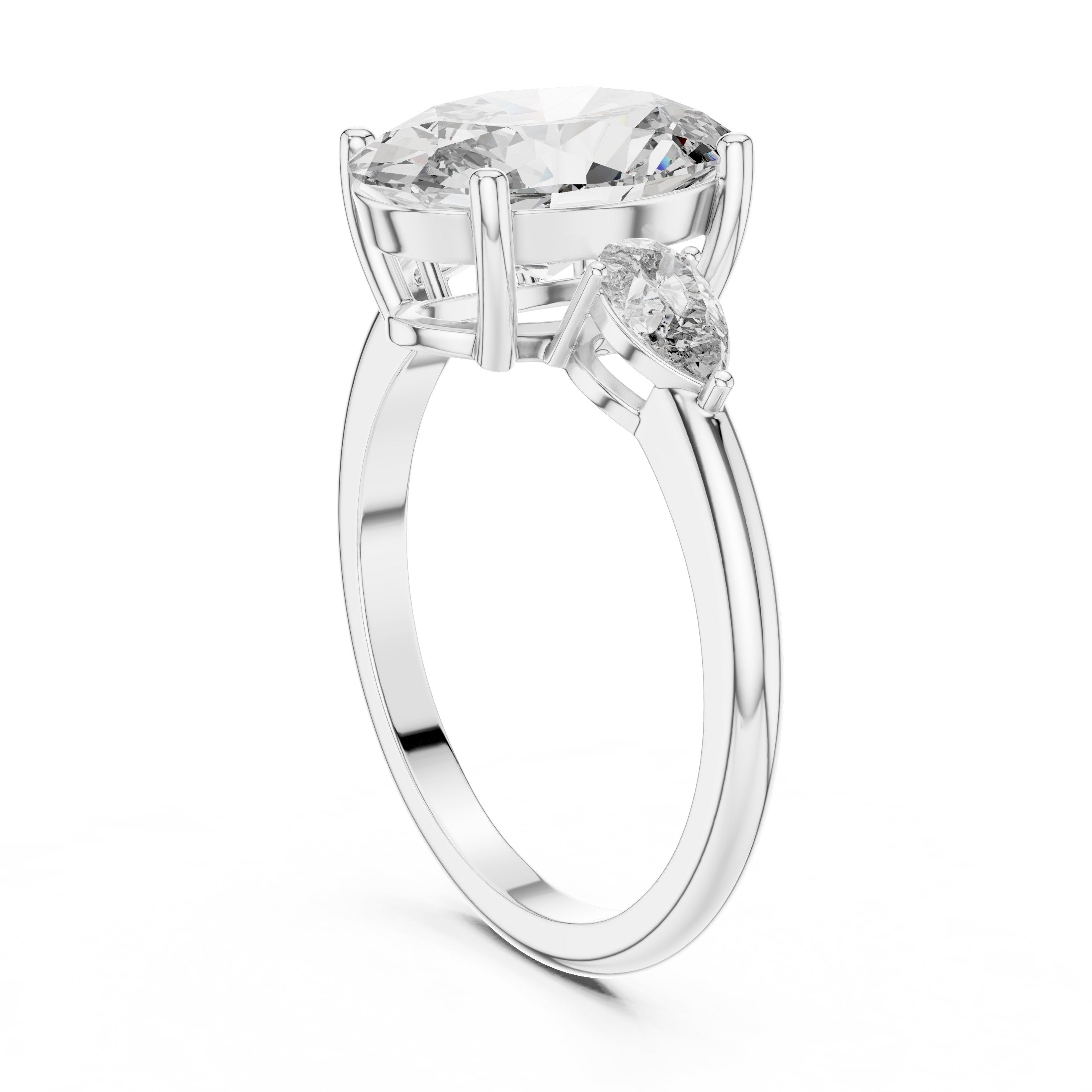 Oval Diamond Three Stone Engagement Ring with Pear Sides in White Gold - VYKA Diamonds