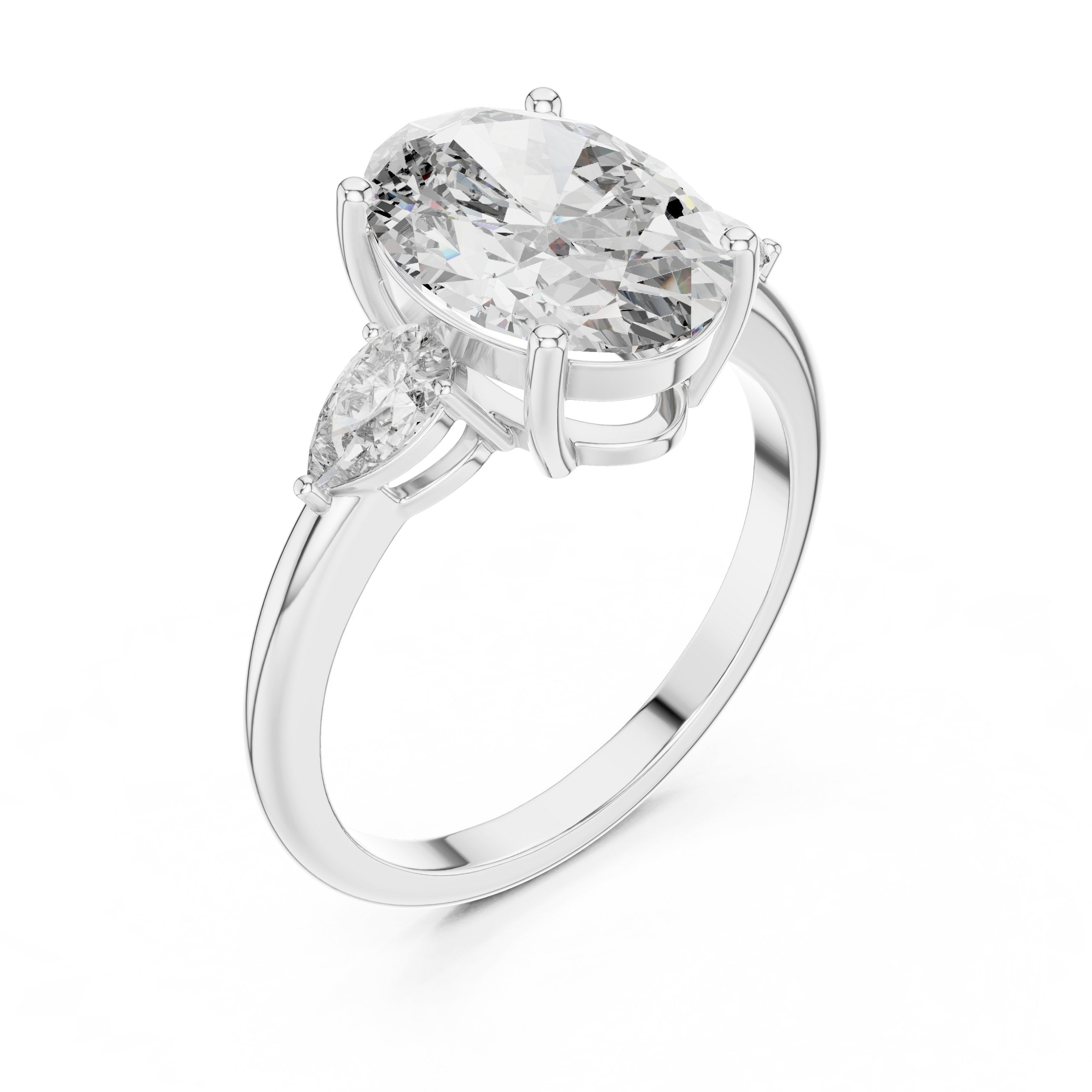 Oval Diamond Three Stone Engagement Ring with Pear Sides in White Gold - VYKA Diamonds