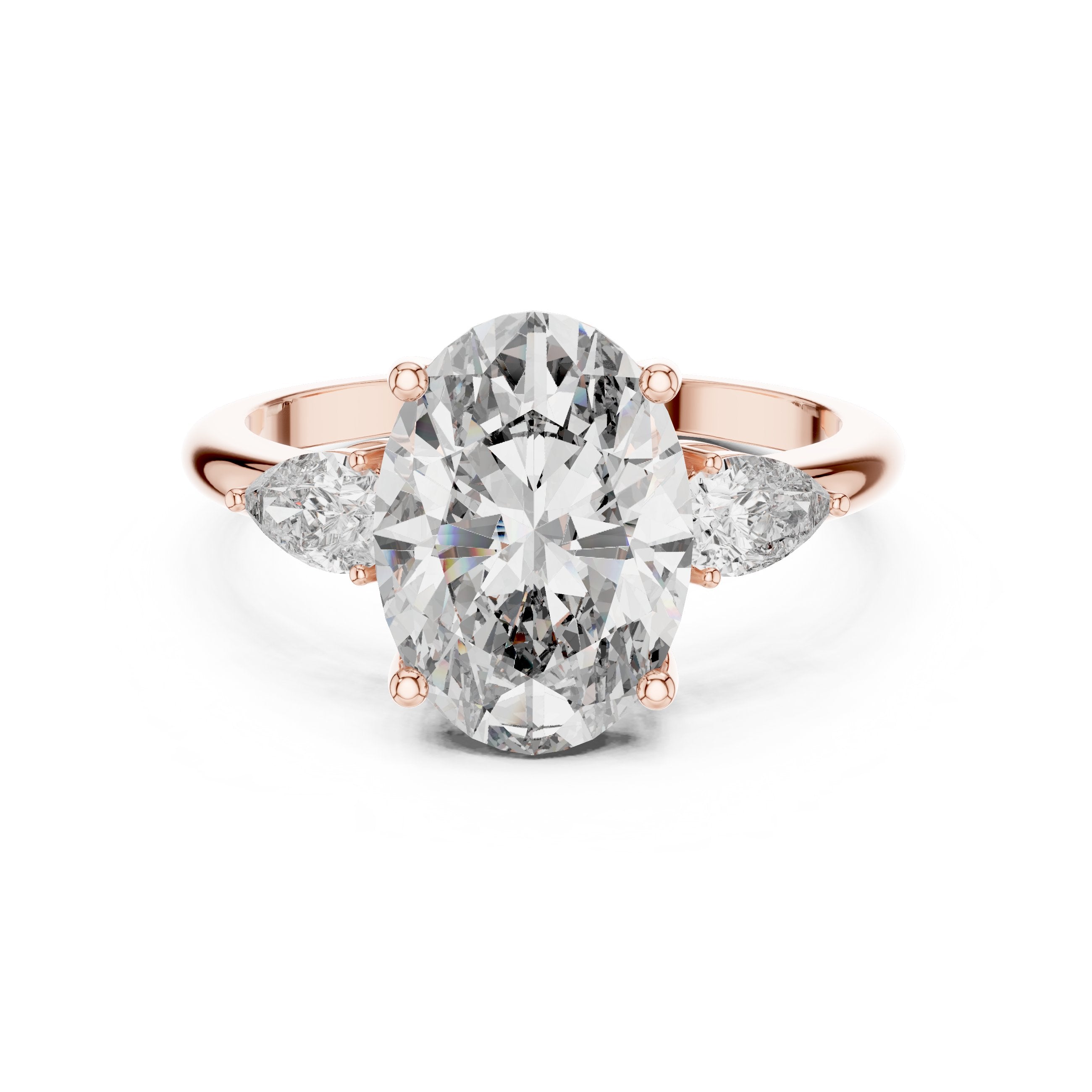 Oval Diamond Three Stone Engagement Ring with Pear Sides in Rose Gold - VYKA Diamonds