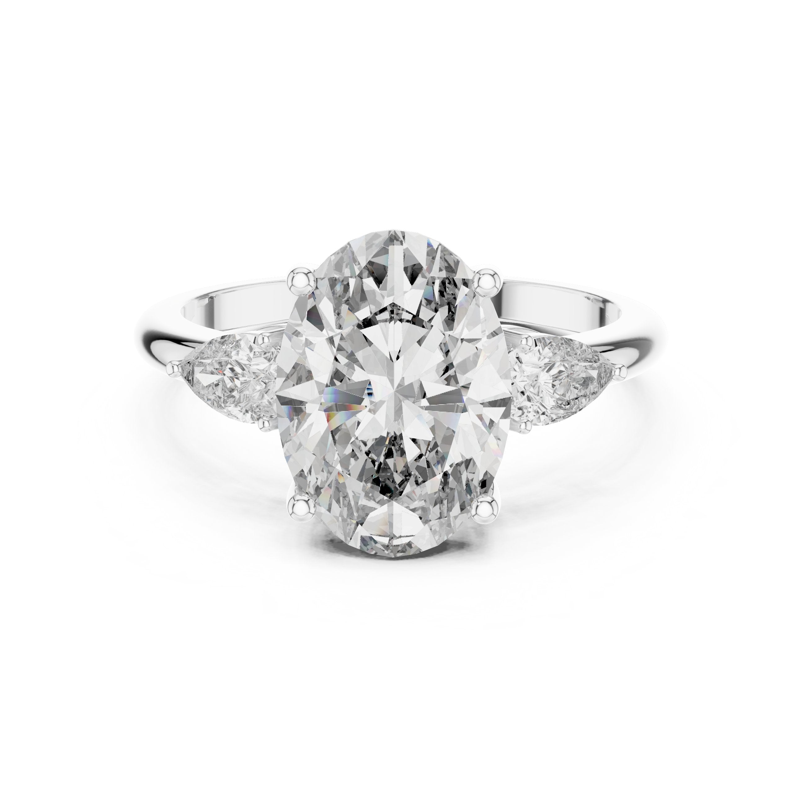 Oval Diamond Three Stone Engagement Ring with Pear Sides in White Gold - VYKA Diamonds